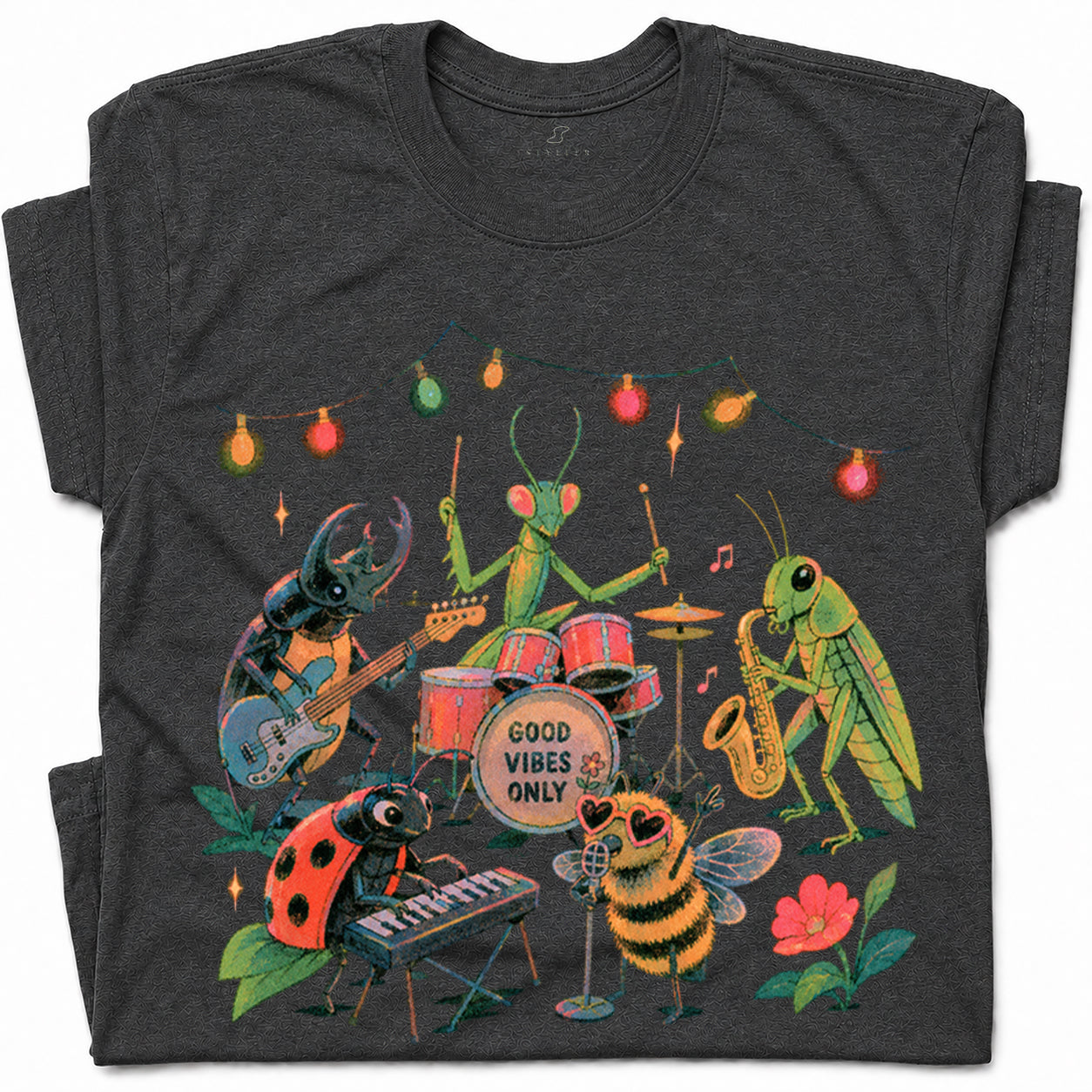 SF_COLOR=dark-heather; SF_ITEM=adult-t-shirt; SF_ROLE=gallery; Good Vibes Only Insect Band T-Shirt Cute Bugs Playing Music Retro Kawaii Tee - Dark Heather Adult T-Shirt product image