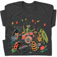 SF_COLOR=dark-heather; SF_ITEM=adult-t-shirt; SF_ROLE=gallery; Good Vibes Only Insect Band T-Shirt Cute Bugs Playing Music Retro Kawaii Tee - Dark Heather Adult T-Shirt product image