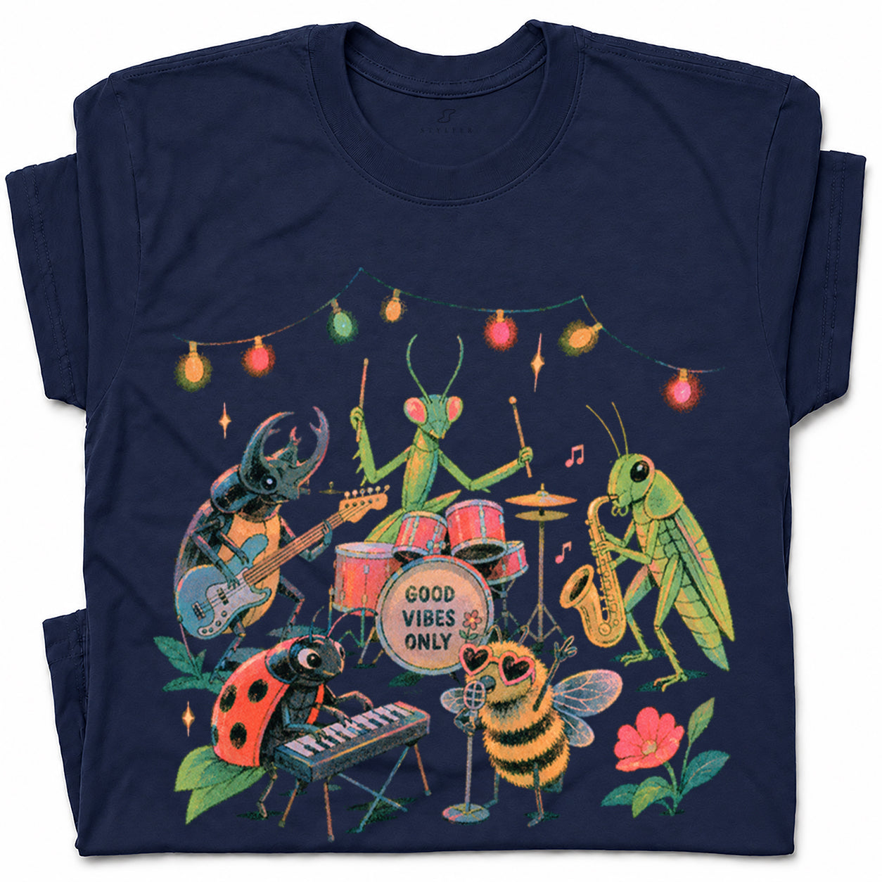 SF_COLOR=navy; SF_ITEM=adult-t-shirt; SF_ROLE=gallery; Good Vibes Only Insect Band T-Shirt Cute Bugs Playing Music Retro Kawaii Tee - Navy Adult T-Shirt product image