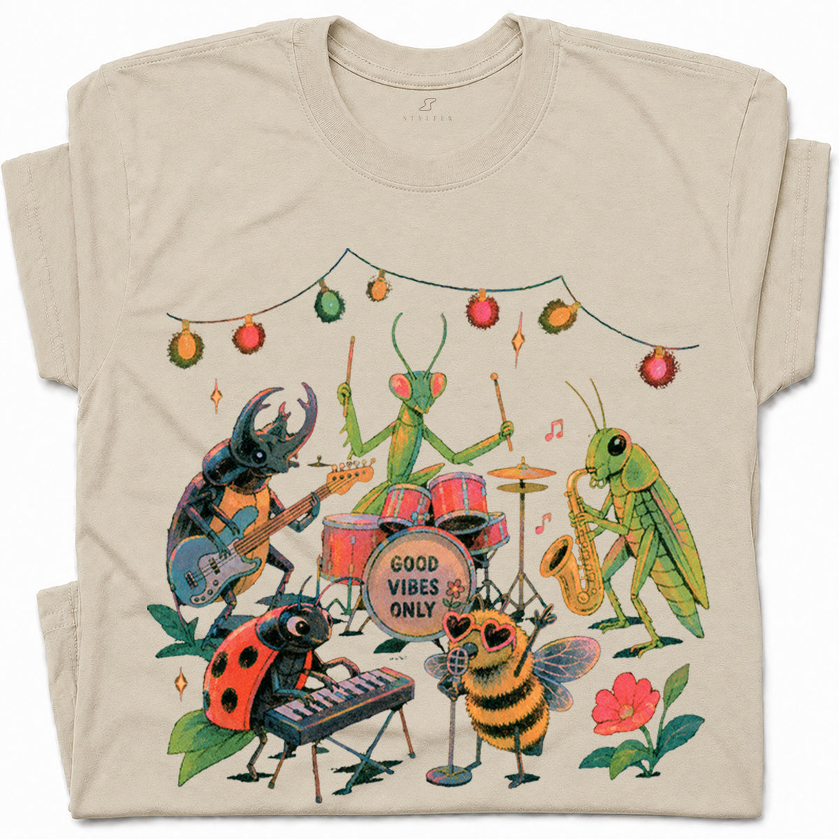 SF_COLOR=sand; SF_ITEM=adult-t-shirt; SF_ROLE=gallery; Good Vibes Only Insect Band T-Shirt Cute Bugs Playing Music Retro Kawaii Tee - Sand Adult T-Shirt product image