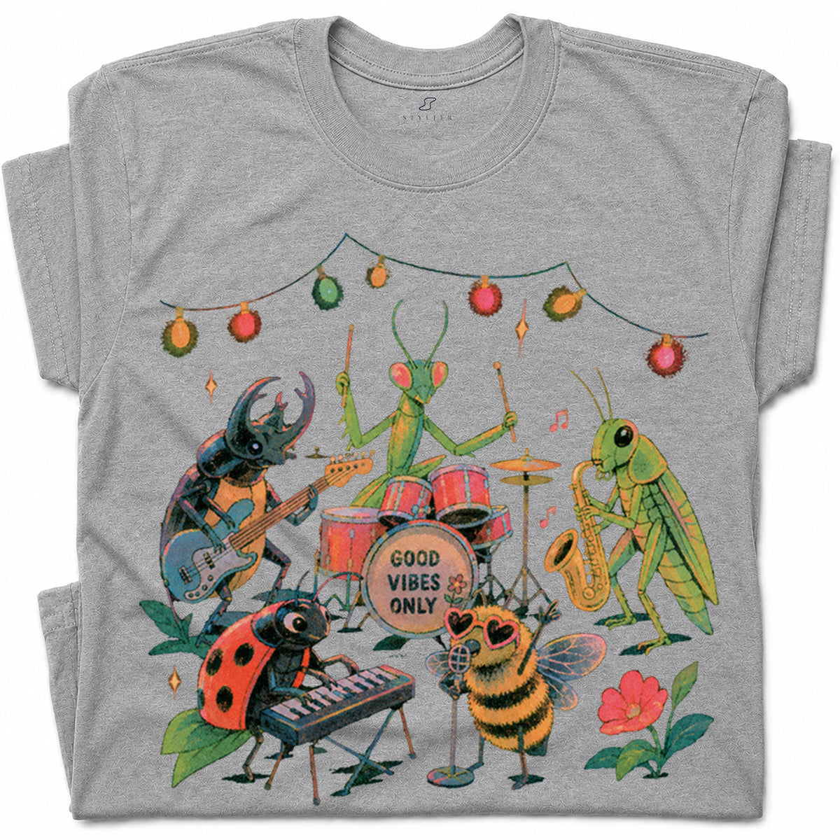 SF_COLOR=sport-grey; SF_ITEM=adult-t-shirt; SF_ROLE=gallery; Good Vibes Only Insect Band T-Shirt Cute Bugs Playing Music Retro Kawaii Tee - Sport Grey Adult T-Shirt product image