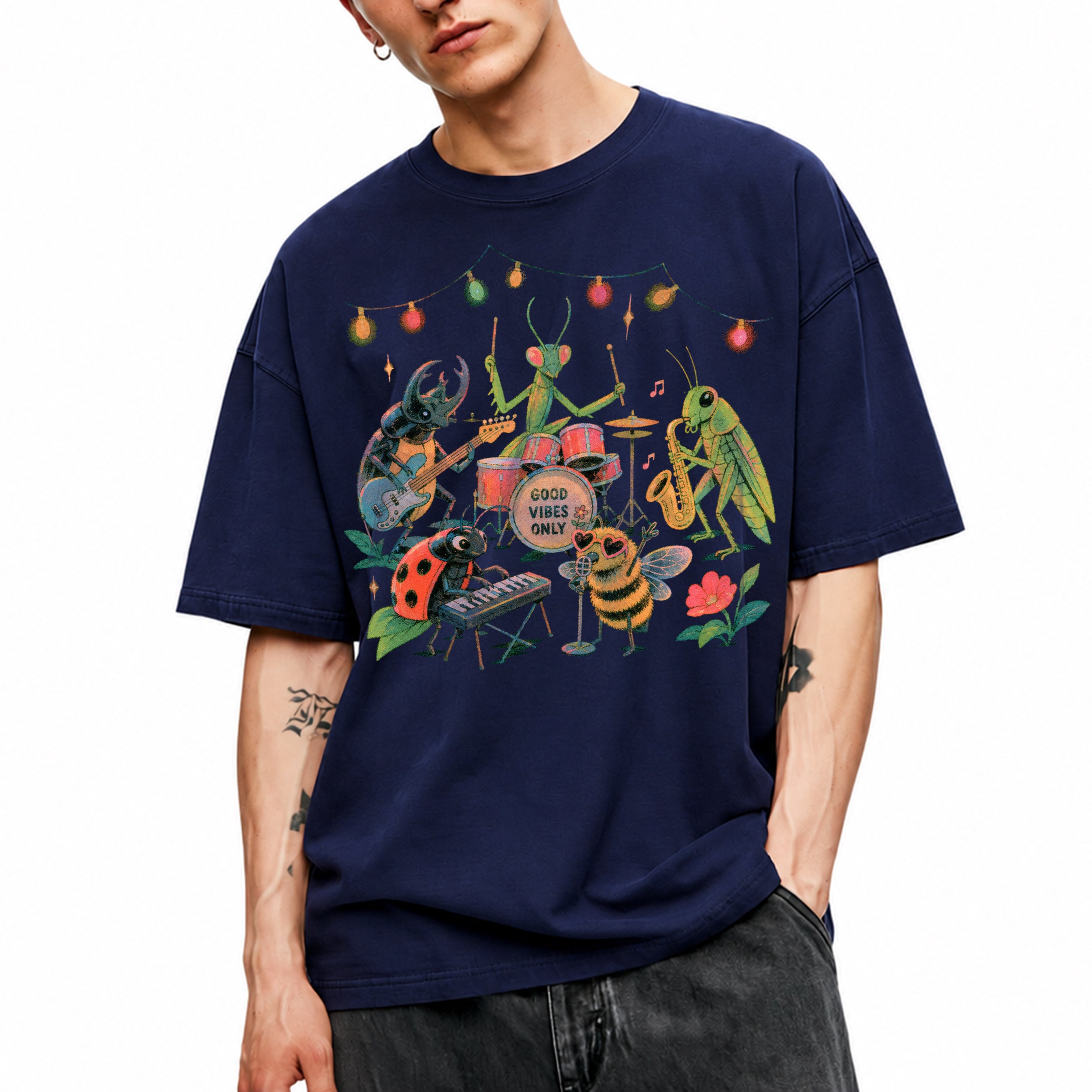 SF_COLOR=navy; SF_ITEM=adult-t-shirt; SF_ROLE=main; Good Vibes Only Insect Band T-Shirt Cute Bugs Playing Music Retro Kawaii Tee - Navy Adult T-Shirt product image