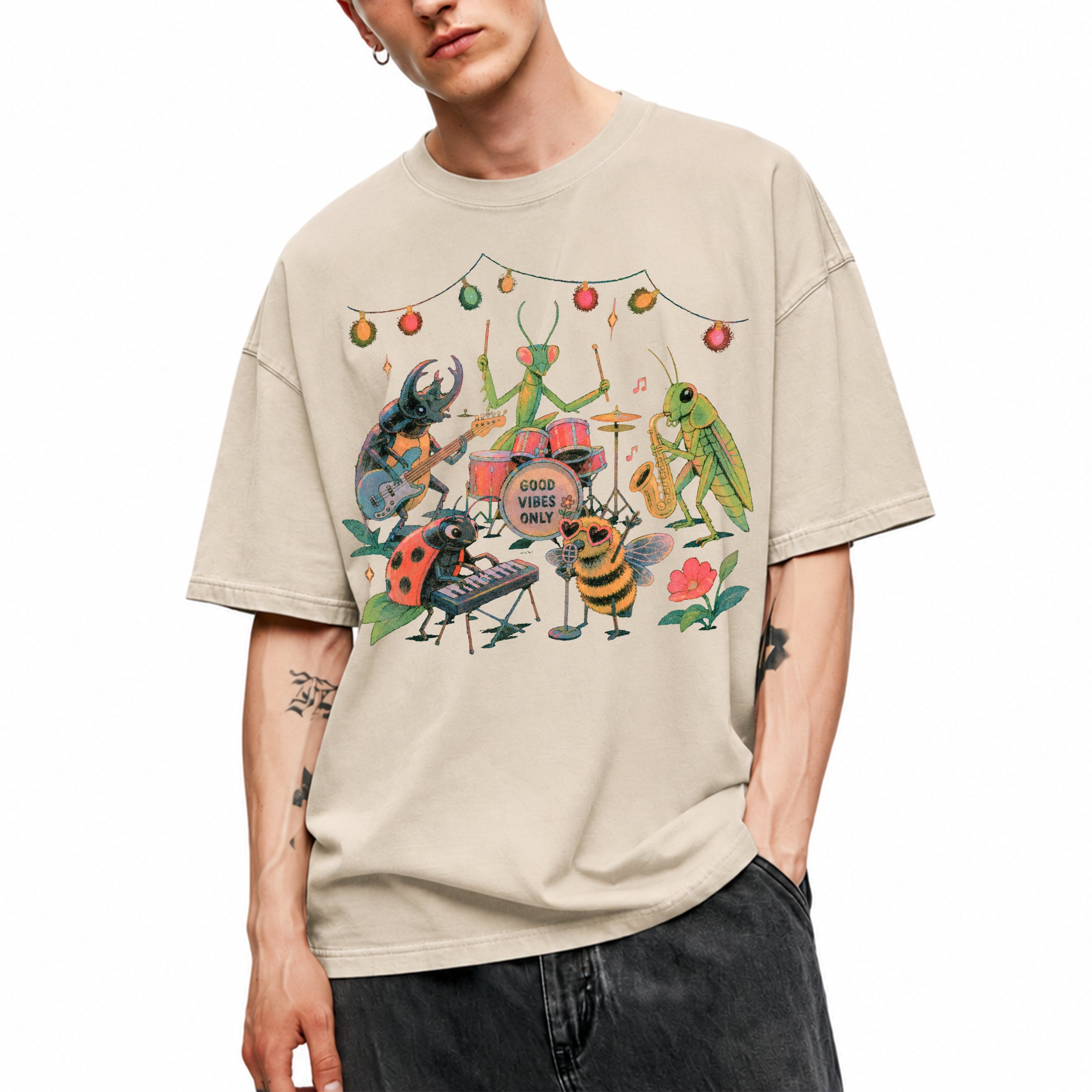 SF_COLOR=sand; SF_ITEM=adult-t-shirt; SF_ROLE=main; Good Vibes Only Insect Band T-Shirt Cute Bugs Playing Music Retro Kawaii Tee - Sand Adult T-Shirt product image