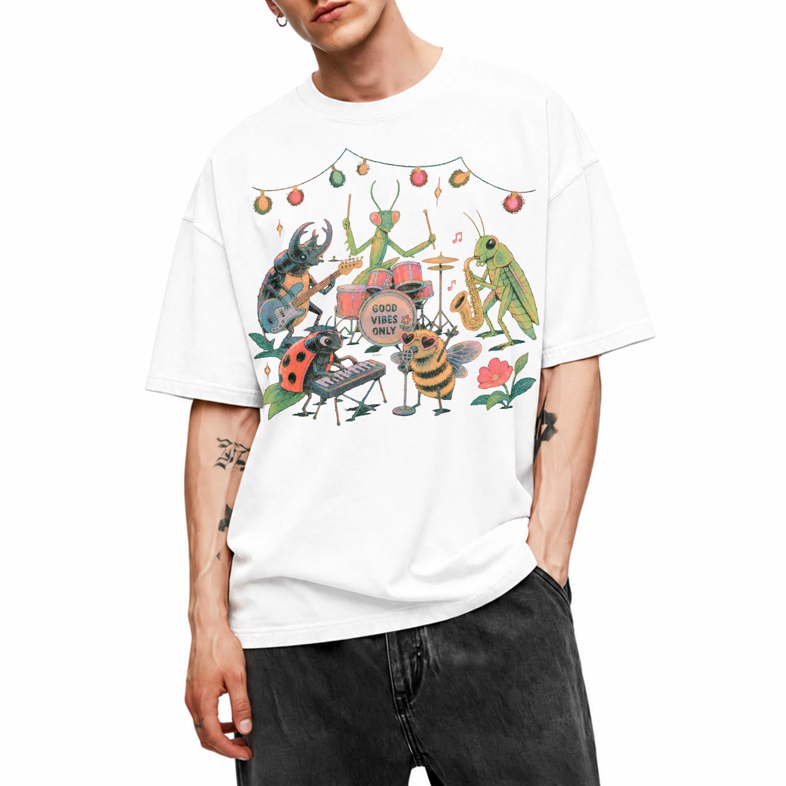 SF_COLOR=white; SF_ITEM=adult-t-shirt; SF_ROLE=main; Good Vibes Only Insect Band T-Shirt Cute Bugs Playing Music Retro Kawaii Tee - White Adult T-Shirt product image