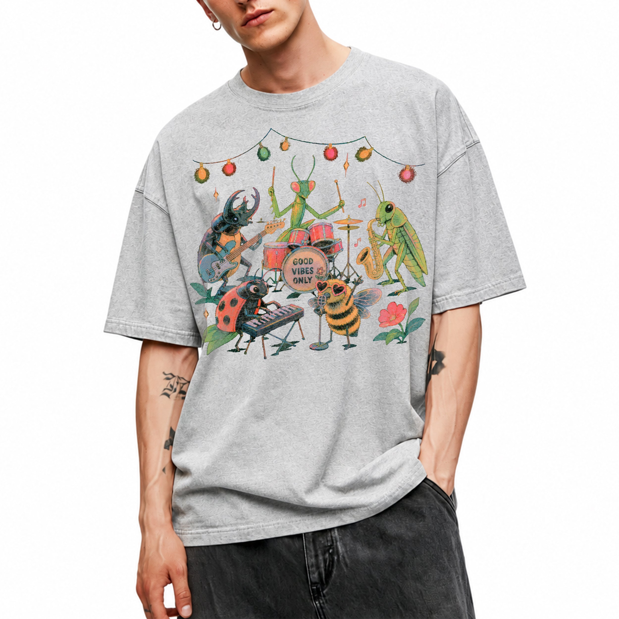SF_COLOR=sport-grey; SF_ITEM=adult-t-shirt; SF_ROLE=main; Good Vibes Only Insect Band T-Shirt Cute Bugs Playing Music Retro Kawaii Tee - Sport Grey Adult T-Shirt product image