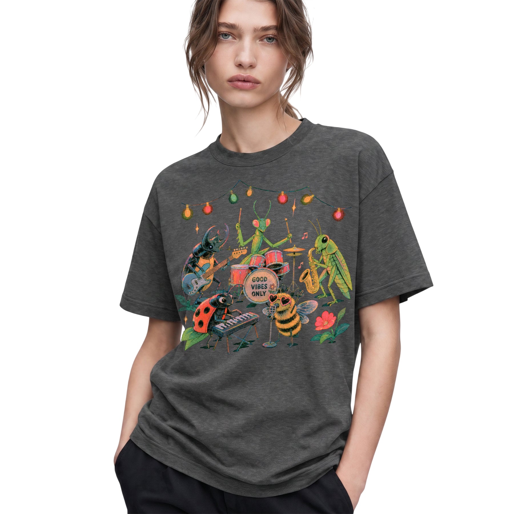 SF_COLOR=dark-heather; SF_ITEM=adult-t-shirt; SF_ROLE=gallery; Good Vibes Only Insect Band T-Shirt Cute Bugs Playing Music Retro Kawaii Tee - Dark Heather Adult T-Shirt product image