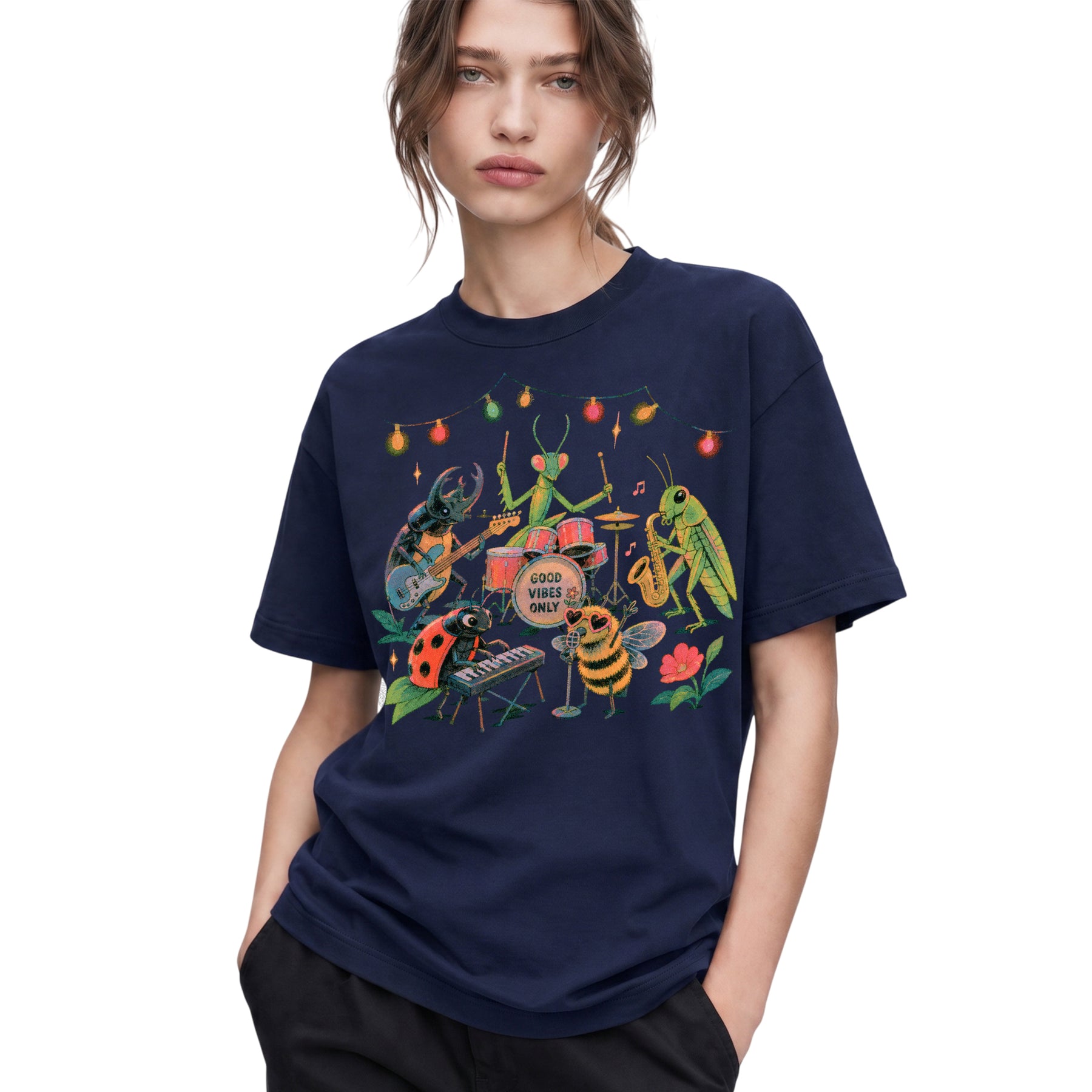 SF_COLOR=navy; SF_ITEM=adult-t-shirt; SF_ROLE=gallery; Good Vibes Only Insect Band T-Shirt Cute Bugs Playing Music Retro Kawaii Tee - Navy Adult T-Shirt product image