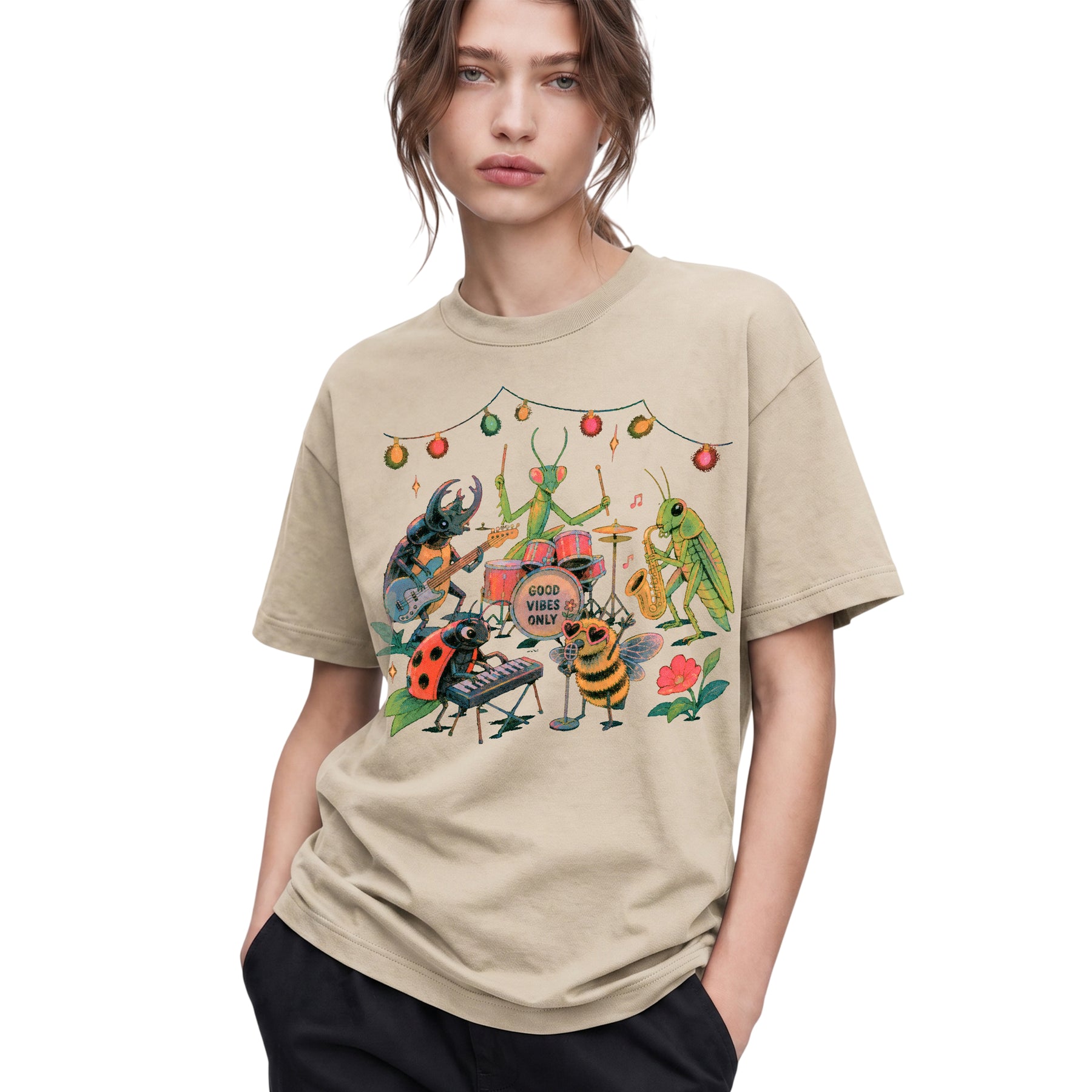SF_COLOR=sand; SF_ITEM=adult-t-shirt; SF_ROLE=gallery; Good Vibes Only Insect Band T-Shirt Cute Bugs Playing Music Retro Kawaii Tee - Sand Adult T-Shirt product image