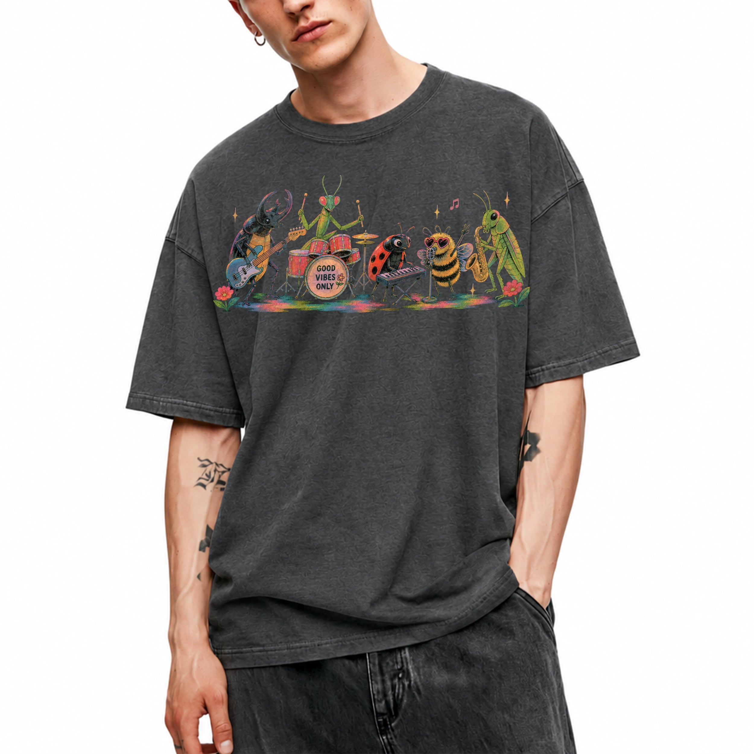 SF_COLOR=dark-heather; SF_ITEM=adult-t-shirt; SF_ROLE=main; Good Vibes Only Bug Band Insects Music T-Shirt Retro Playing Instrut Tee - Dark Heather Adult T-Shirt product image