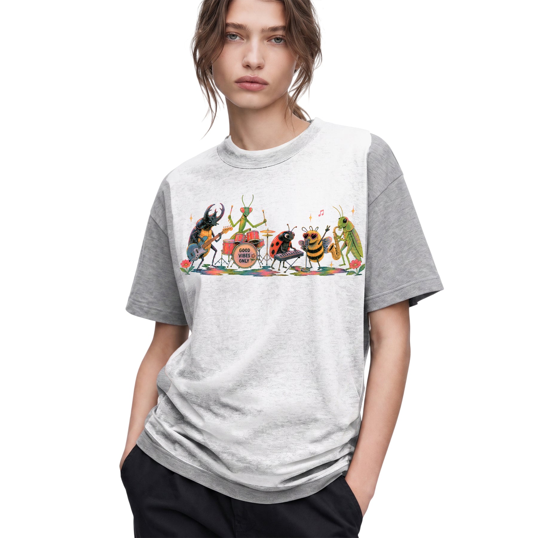 SF_COLOR=sport-grey; SF_ITEM=adult-t-shirt; SF_ROLE=gallery; Good Vibes Only Bug Band Insects Music T-Shirt Retro Playing Instrut Tee - Sport Grey Adult T-Shirt product image