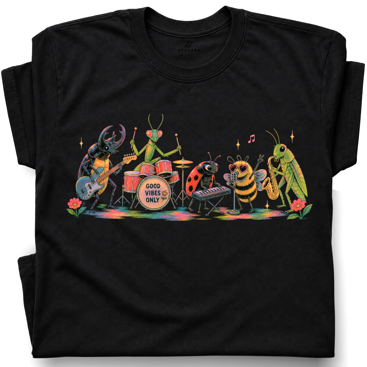 SF_COLOR=black; SF_ITEM=adult-t-shirt; SF_ROLE=gallery; Good Vibes Only Bug Band Insects Music T-Shirt Retro Playing Instrut Tee - Black Adult T-Shirt product image