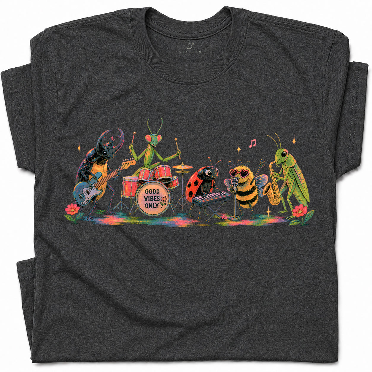 SF_COLOR=dark-heather; SF_ITEM=adult-t-shirt; SF_ROLE=gallery; Good Vibes Only Bug Band Insects Music T-Shirt Retro Playing Instrut Tee - Dark Heather Adult T-Shirt product image