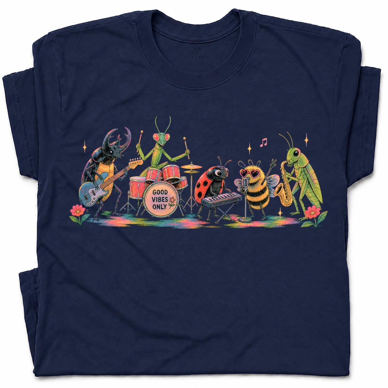 SF_COLOR=navy; SF_ITEM=adult-t-shirt; SF_ROLE=gallery; Good Vibes Only Bug Band Insects Music T-Shirt Retro Playing Instrut Tee - Navy Adult T-Shirt product image