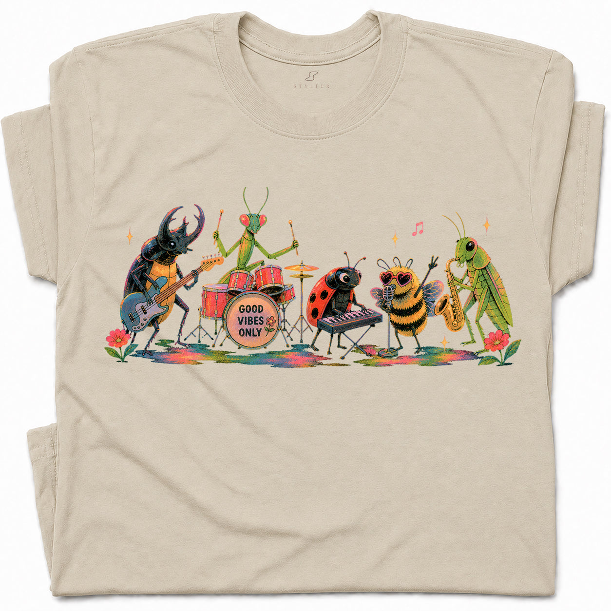 SF_COLOR=sand; SF_ITEM=adult-t-shirt; SF_ROLE=gallery; Good Vibes Only Bug Band Insects Music T-Shirt Retro Playing Instrut Tee - Sand Adult T-Shirt product image
