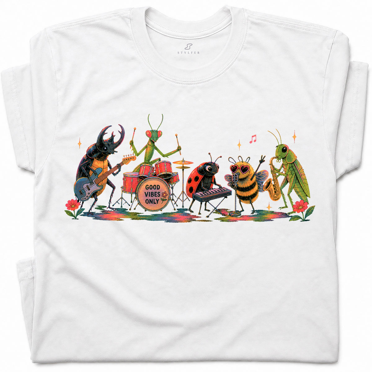 SF_COLOR=white; SF_ITEM=adult-t-shirt; SF_ROLE=gallery; Good Vibes Only Bug Band Insects Music T-Shirt Retro Playing Instrut Tee - White Adult T-Shirt product image