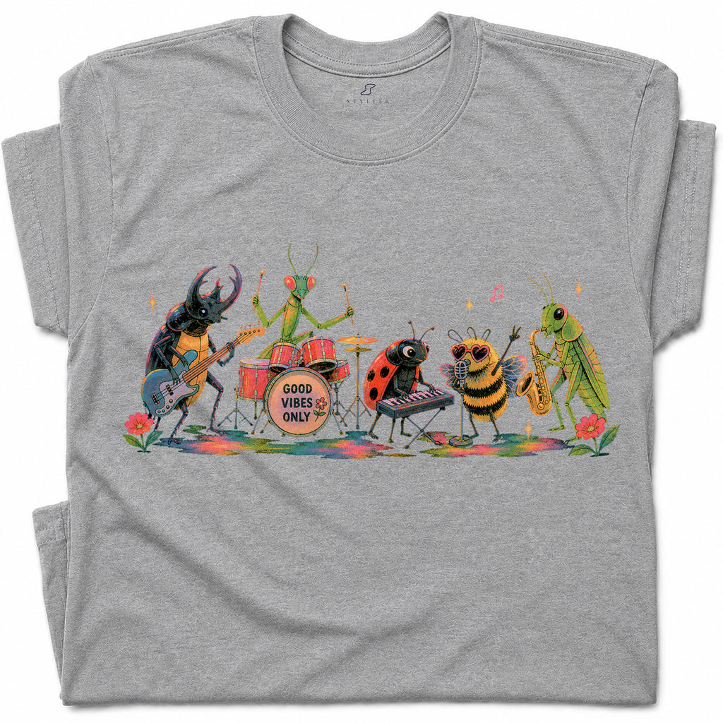 SF_COLOR=sport-grey; SF_ITEM=adult-t-shirt; SF_ROLE=gallery; Good Vibes Only Bug Band Insects Music T-Shirt Retro Playing Instrut Tee - Sport Grey Adult T-Shirt product image