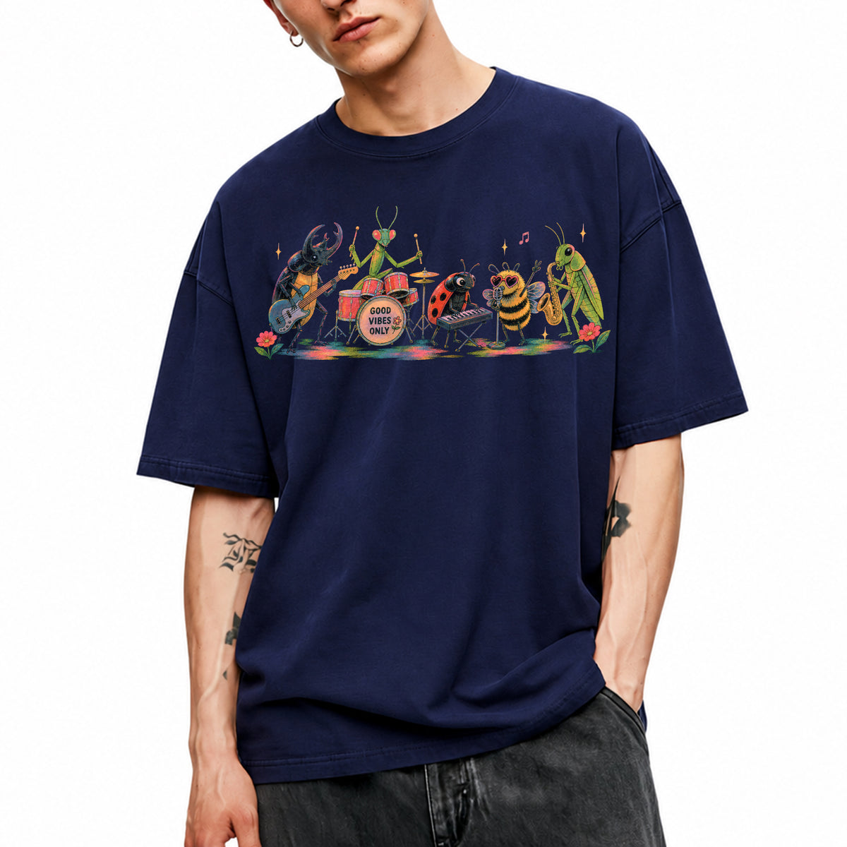 SF_COLOR=navy; SF_ITEM=adult-t-shirt; SF_ROLE=main; Good Vibes Only Bug Band Insects Music T-Shirt Retro Playing Instrut Tee - Navy Adult T-Shirt product image