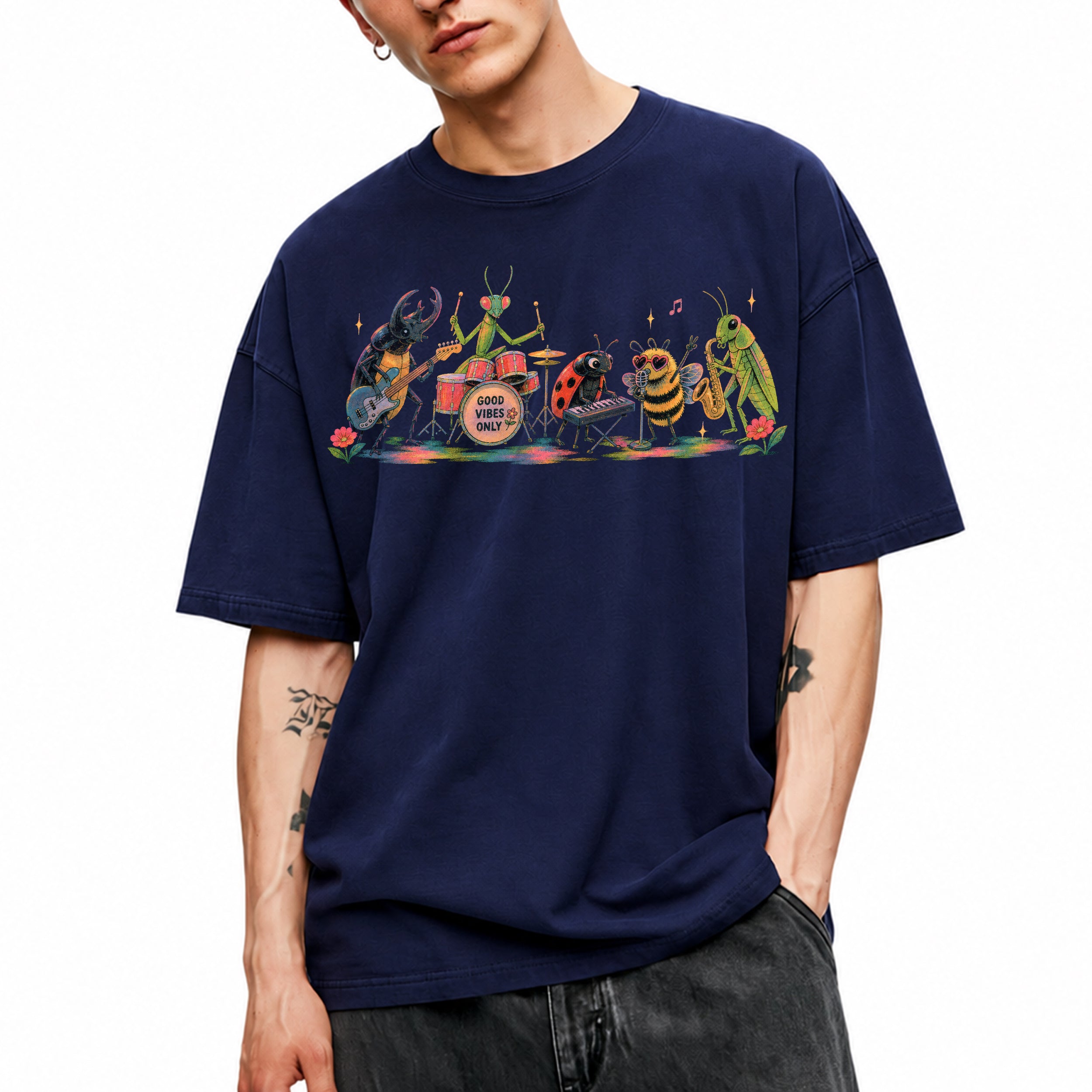 SF_COLOR=navy; SF_ITEM=adult-t-shirt; SF_ROLE=main; Good Vibes Only Bug Band Insects Music T-Shirt Retro Playing Instrut Tee - Navy Adult T-Shirt product image