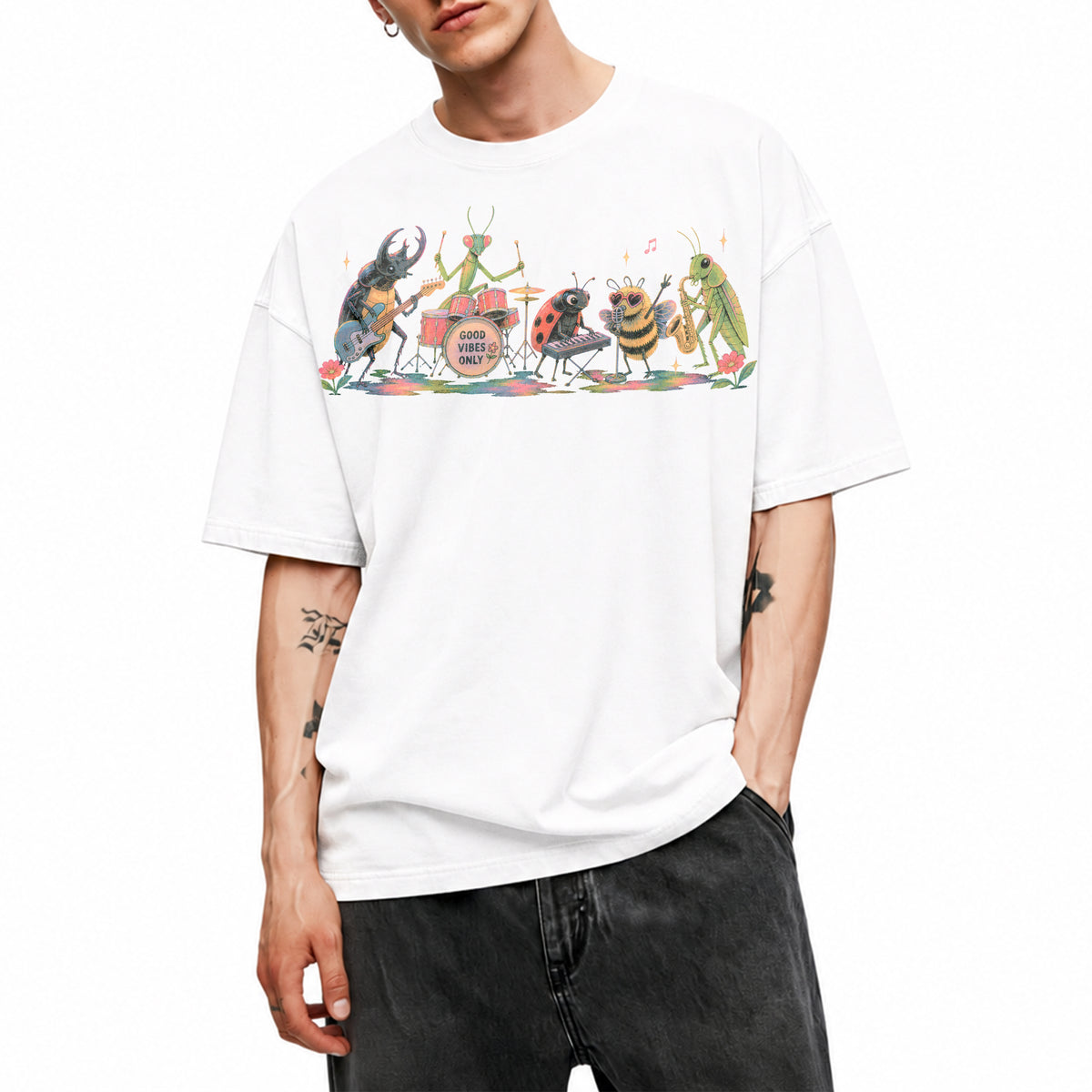 SF_COLOR=white; SF_ITEM=adult-t-shirt; SF_ROLE=main; Good Vibes Only Bug Band Insects Music T-Shirt Retro Playing Instrut Tee - White Adult T-Shirt product image