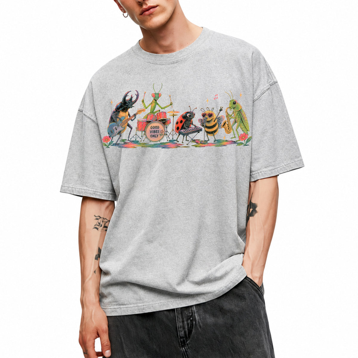 SF_COLOR=sport-grey; SF_ITEM=adult-t-shirt; SF_ROLE=main; Good Vibes Only Bug Band Insects Music T-Shirt Retro Playing Instrut Tee - Sport Grey Adult T-Shirt product image