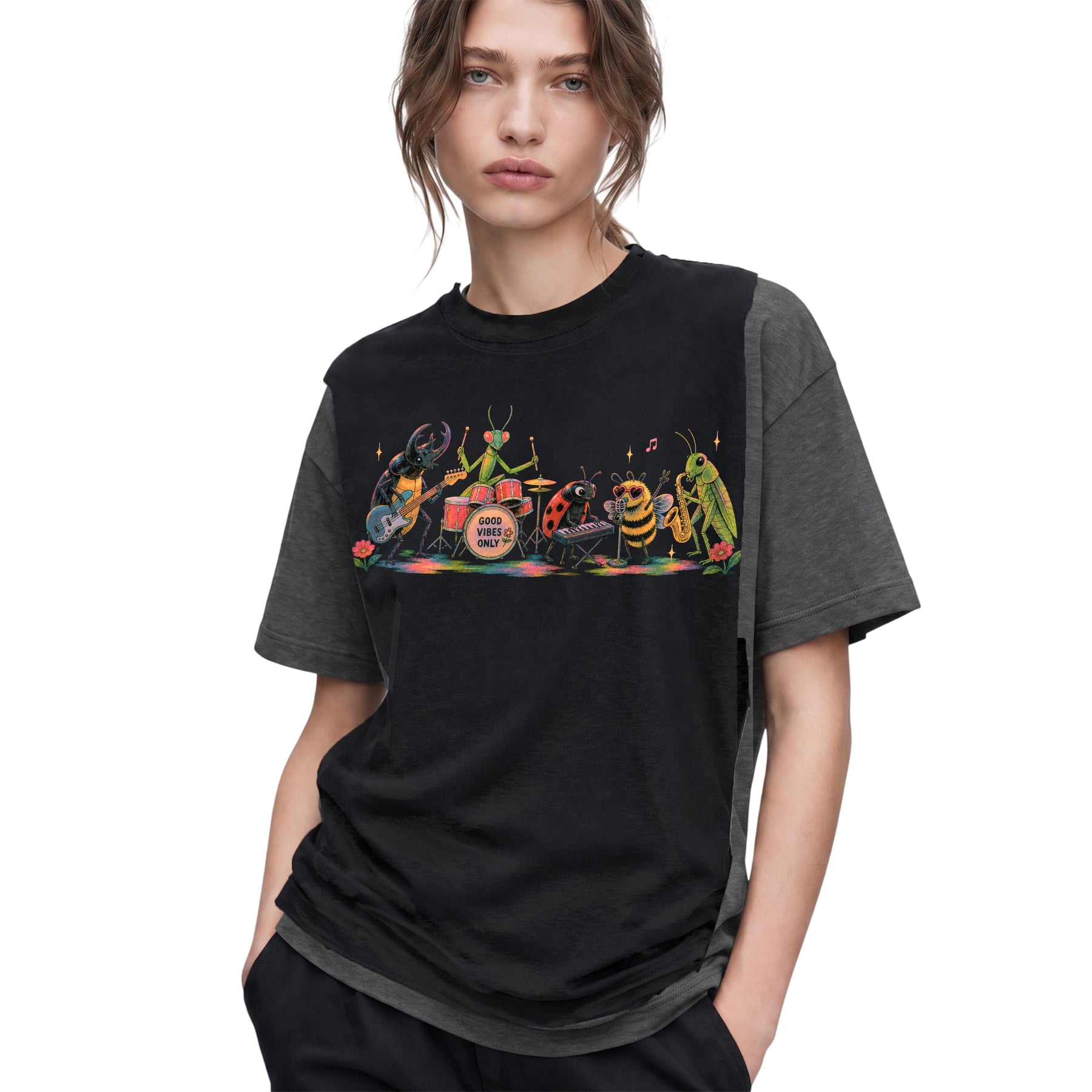 SF_COLOR=dark-heather; SF_ITEM=adult-t-shirt; SF_ROLE=gallery; Good Vibes Only Bug Band Insects Music T-Shirt Retro Playing Instrut Tee - Dark Heather Adult T-Shirt product image