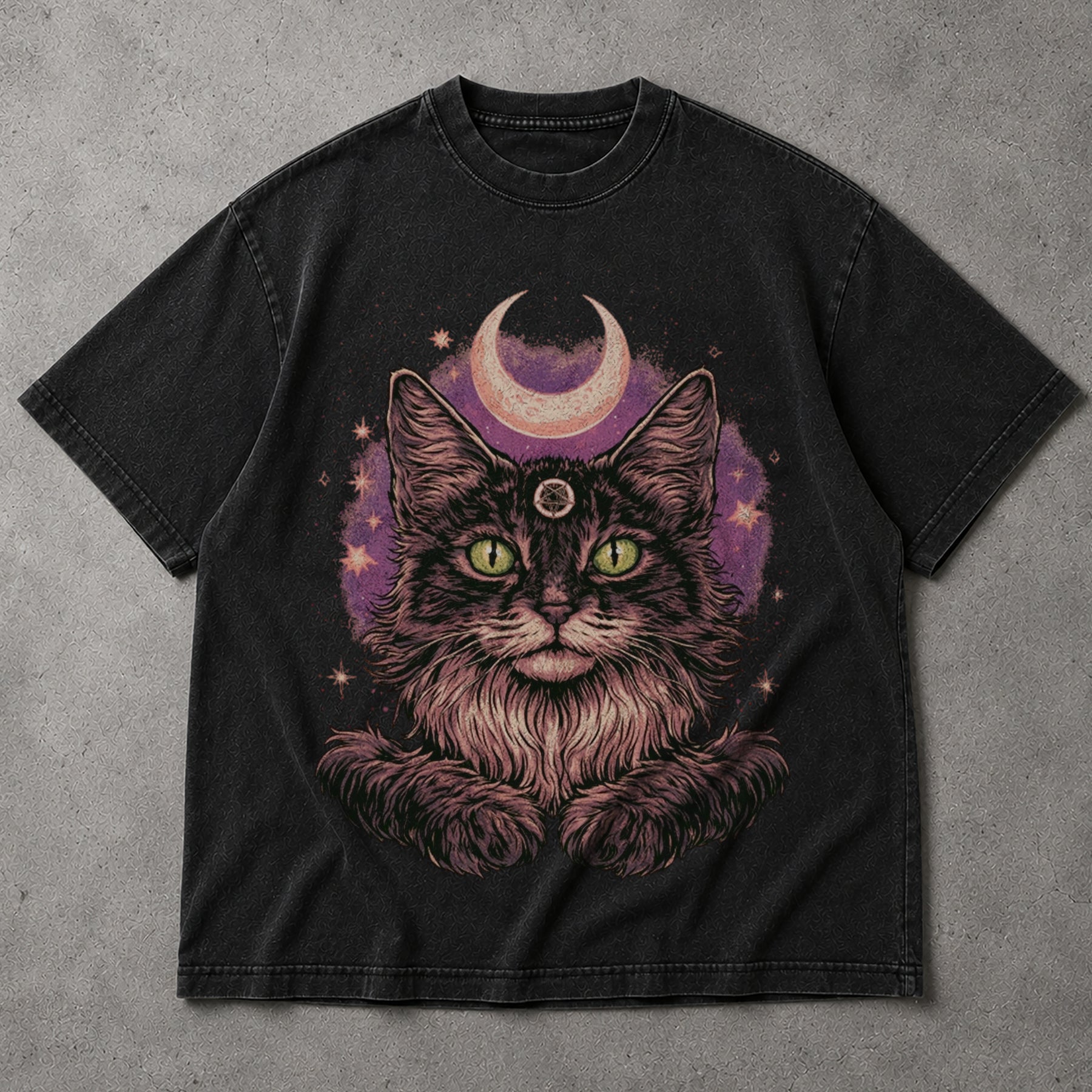SF_COLOR=black; SF_ITEM=adult-t-shirt; SF_ROLE=main; Goth Pentagram Cat T-Shirt Crescent Moon Space Witchcraft Wiccan Magic Apparel - Black Adult T-Shirt product image