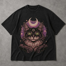 SF_COLOR=black; SF_ITEM=adult-t-shirt; SF_ROLE=main; Goth Pentagram Cat T-Shirt Crescent Moon Space Witchcraft Wiccan Magic Apparel - Black Adult T-Shirt product image