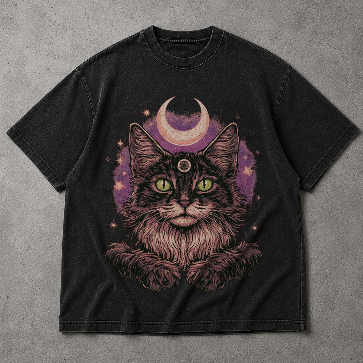 SF_COLOR=black; SF_ITEM=adult-t-shirt; SF_ROLE=main; Goth Pentagram Cat T-Shirt Crescent Moon Space Witchcraft Wiccan Magic Apparel - Black Adult T-Shirt product image