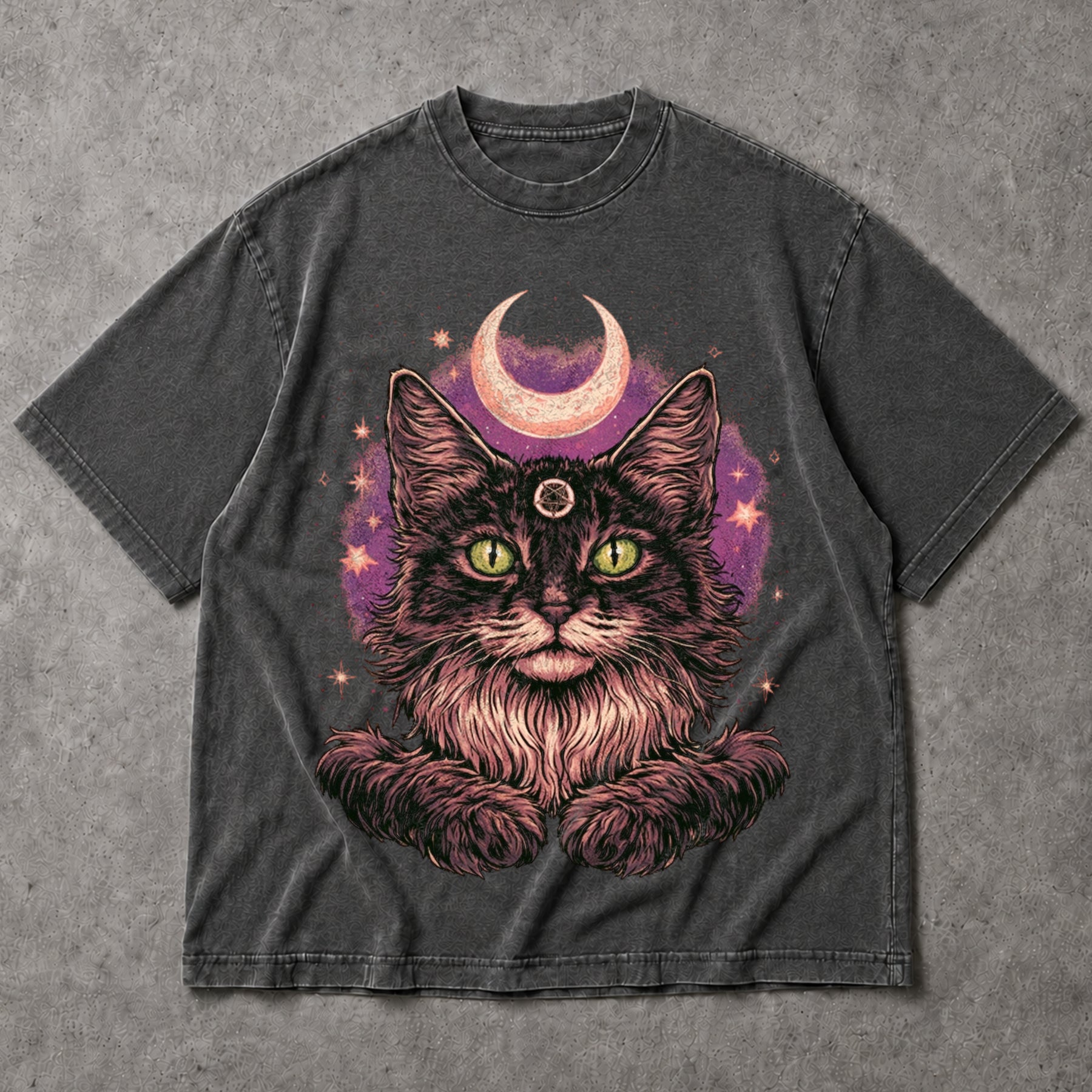 SF_COLOR=dark-heather; SF_ITEM=adult-t-shirt; SF_ROLE=main; Goth Pentagram Cat T-Shirt Crescent Moon Space Witchcraft Wiccan Magic Apparel - Dark Heather Adult T-Shirt product image
