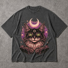 SF_COLOR=dark-heather; SF_ITEM=adult-t-shirt; SF_ROLE=main; Goth Pentagram Cat T-Shirt Crescent Moon Space Witchcraft Wiccan Magic Apparel - Dark Heather Adult T-Shirt product image