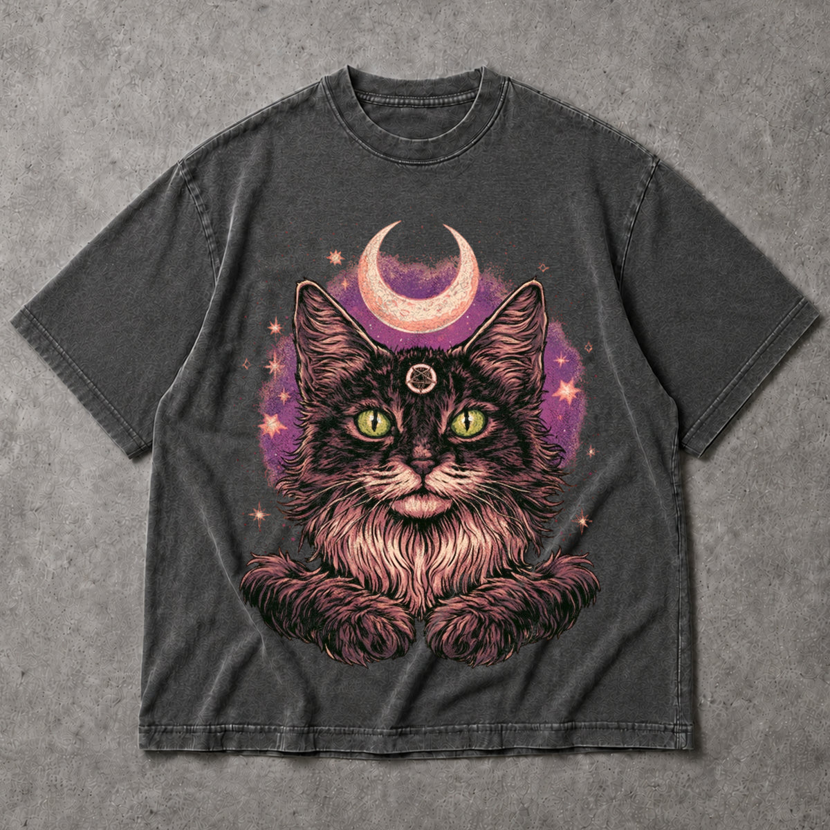 SF_COLOR=dark-heather; SF_ITEM=adult-t-shirt; SF_ROLE=main; Goth Pentagram Cat T-Shirt Crescent Moon Space Witchcraft Wiccan Magic Apparel - Dark Heather Adult T-Shirt product image