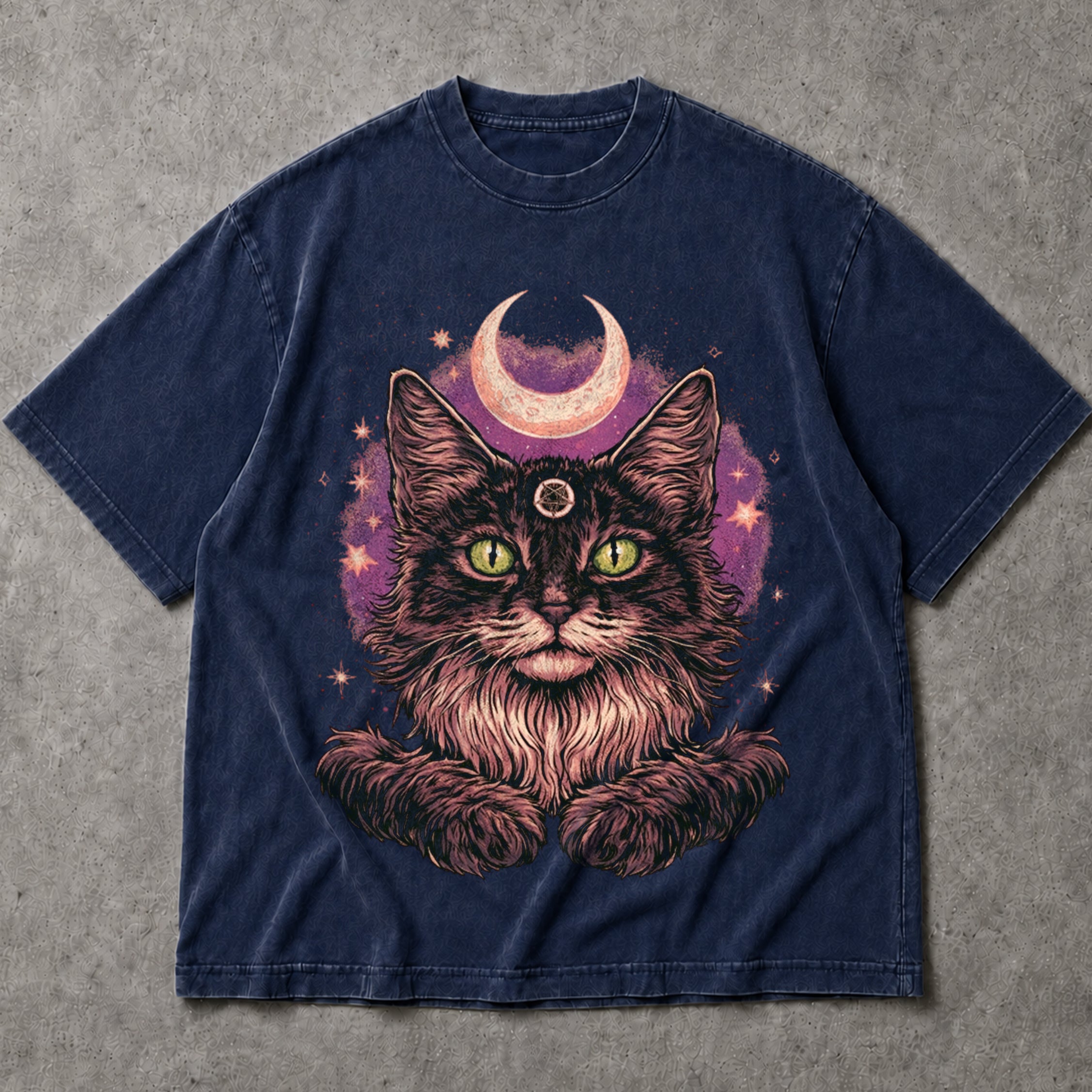 SF_COLOR=navy; SF_ITEM=adult-t-shirt; SF_ROLE=main; Goth Pentagram Cat T-Shirt Crescent Moon Space Witchcraft Wiccan Magic Apparel - Navy Adult T-Shirt product image