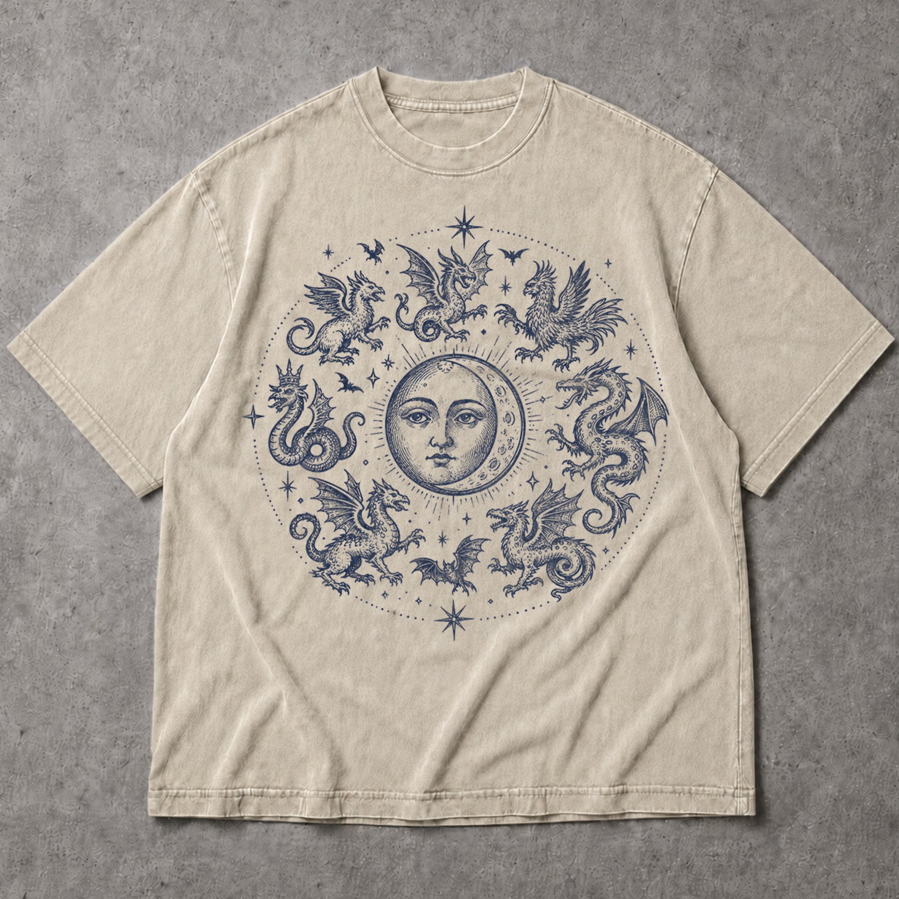 SF_COLOR=sand; SF_ITEM=adult-t-shirt; SF_ROLE=main; Gothic Dragon Circle Moon T-Shirt Medieval Fantasy Occult Creature Apparel - Sand Adult T-Shirt product image
