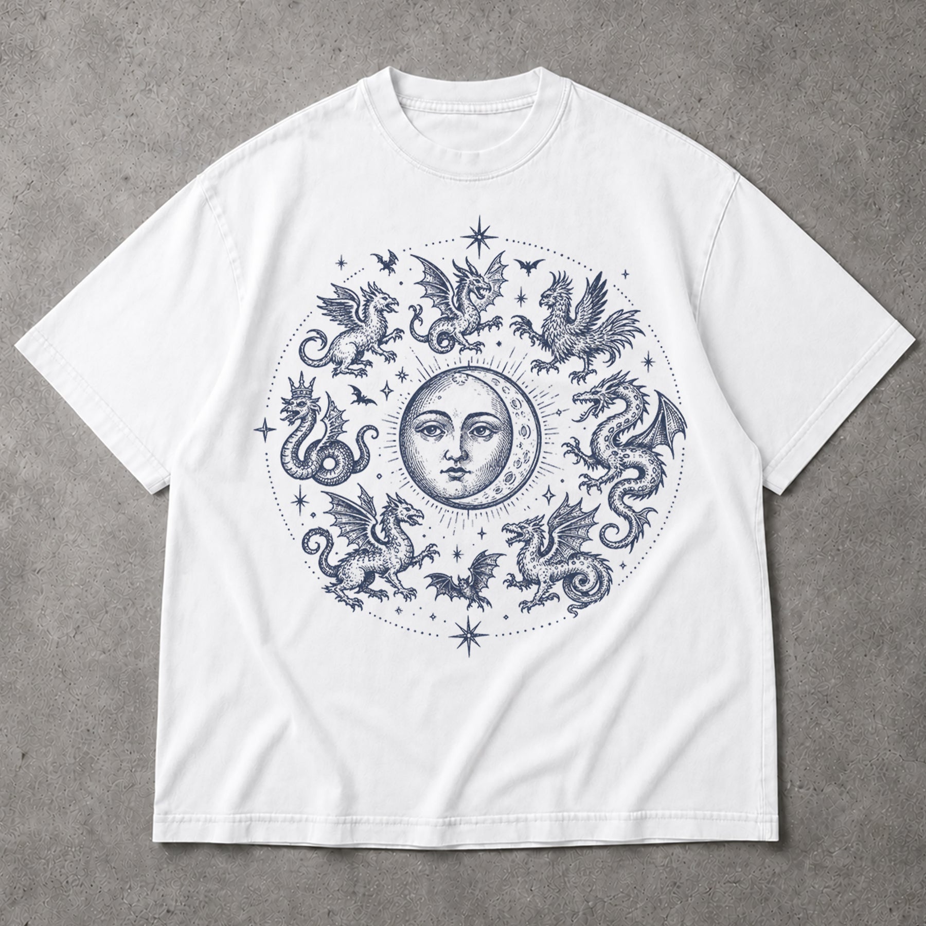 SF_COLOR=white; SF_ITEM=adult-t-shirt; SF_ROLE=main; Gothic Dragon Circle Moon T-Shirt Medieval Fantasy Occult Creature Apparel - White Adult T-Shirt product image