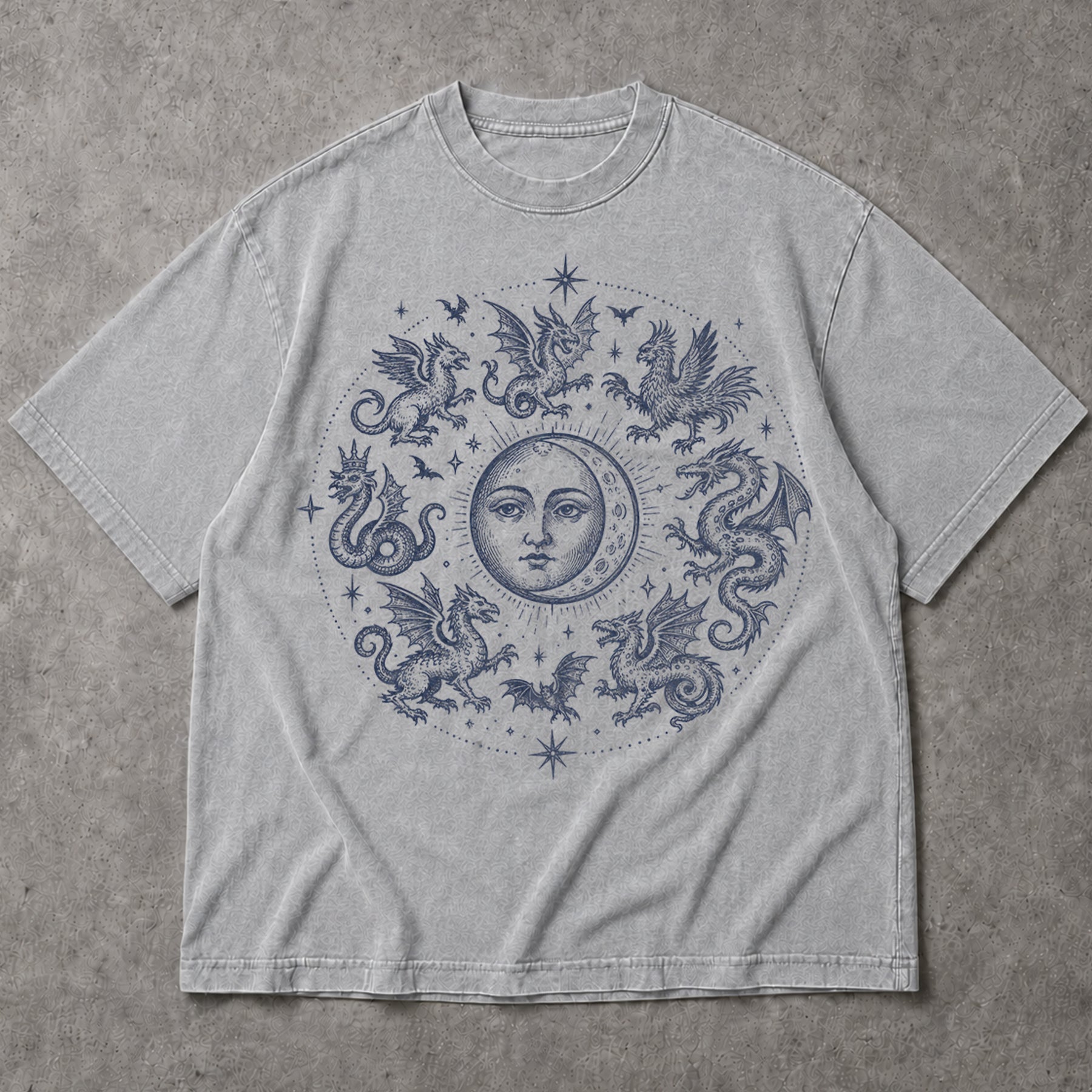 SF_COLOR=sport-grey; SF_ITEM=adult-t-shirt; SF_ROLE=main; Gothic Dragon Circle Moon T-Shirt Medieval Fantasy Occult Creature Apparel - Sport Grey Adult T-Shirt product image