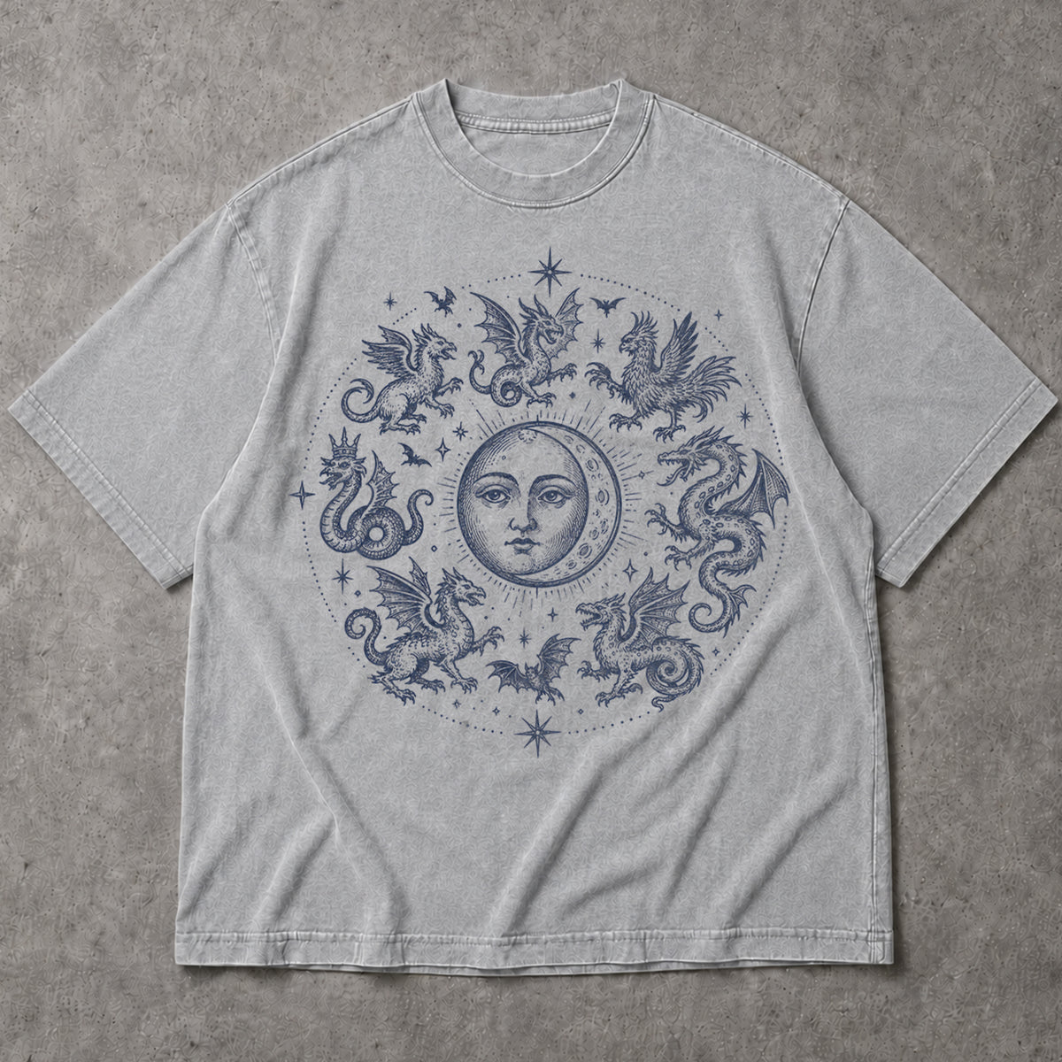 SF_COLOR=sport-grey; SF_ITEM=adult-t-shirt; SF_ROLE=main; Gothic Dragon Circle Moon T-Shirt Medieval Fantasy Occult Creature Apparel - Sport Grey Adult T-Shirt product image