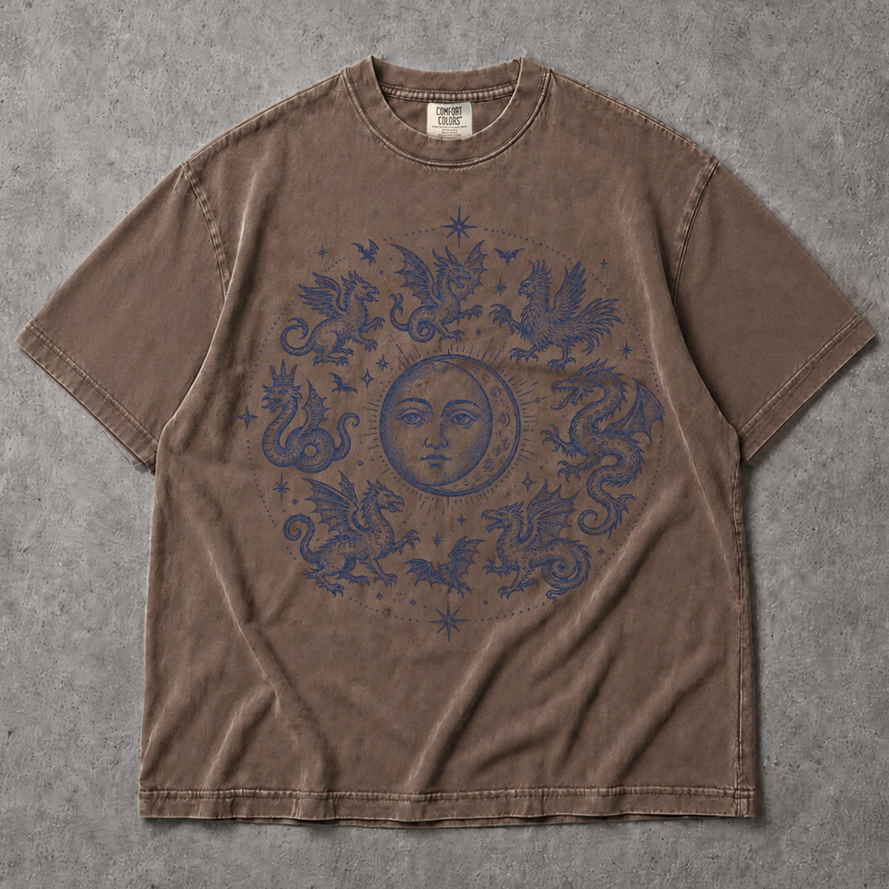 SF_COLOR=sport-grey|espresso; SF_ITEM=adult-t-shirt; SF_ROLE=main; Gothic Dragon Circle Moon T-Shirt Medieval Fantasy Occult Creature Apparel - Sport Grey, Espresso Adult T-Shirt product image