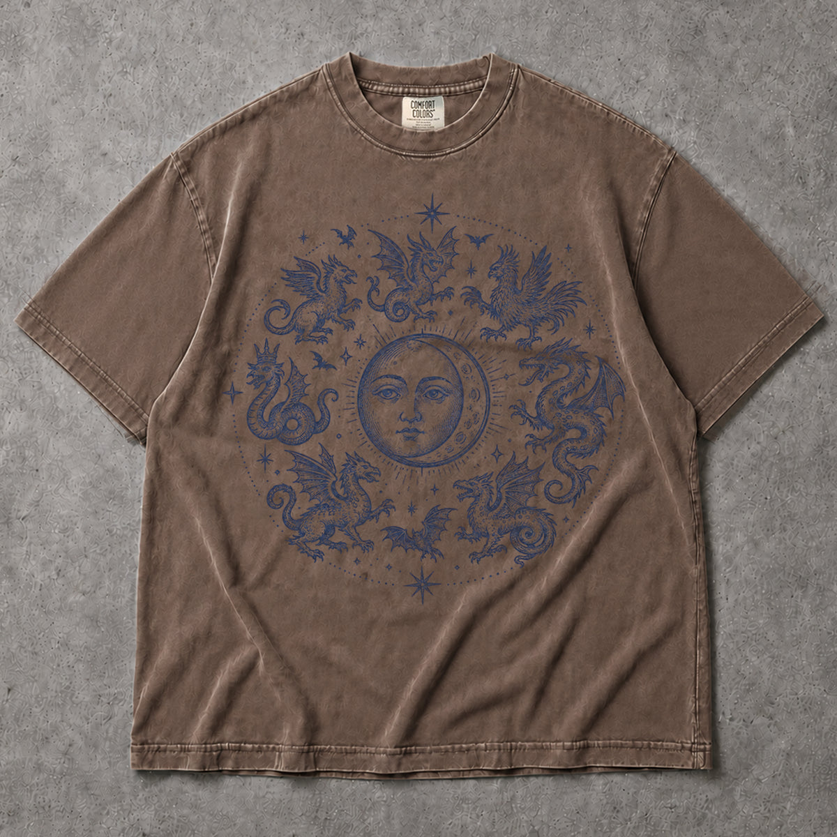 SF_COLOR=sport-grey|espresso; SF_ITEM=adult-t-shirt; SF_ROLE=main; Gothic Dragon Circle Moon T-Shirt Medieval Fantasy Occult Creature Apparel - Sport Grey, Espresso Adult T-Shirt product image