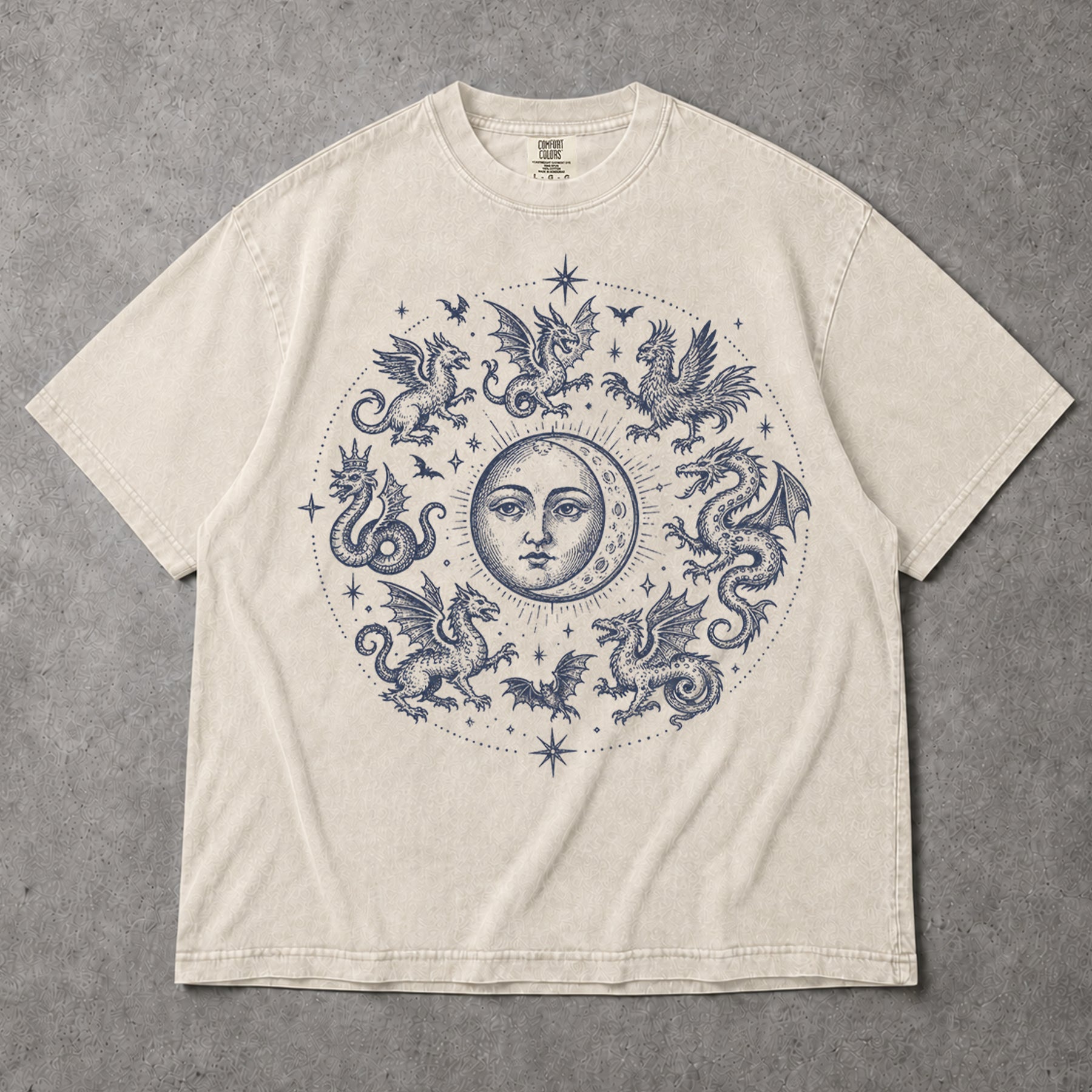 SF_COLOR=ivory; SF_ITEM=adult-t-shirt; SF_ROLE=gallery; Gothic Dragon Circle Moon T-Shirt Medieval Fantasy Occult Creature Apparel - Ivory Adult T-Shirt product image
