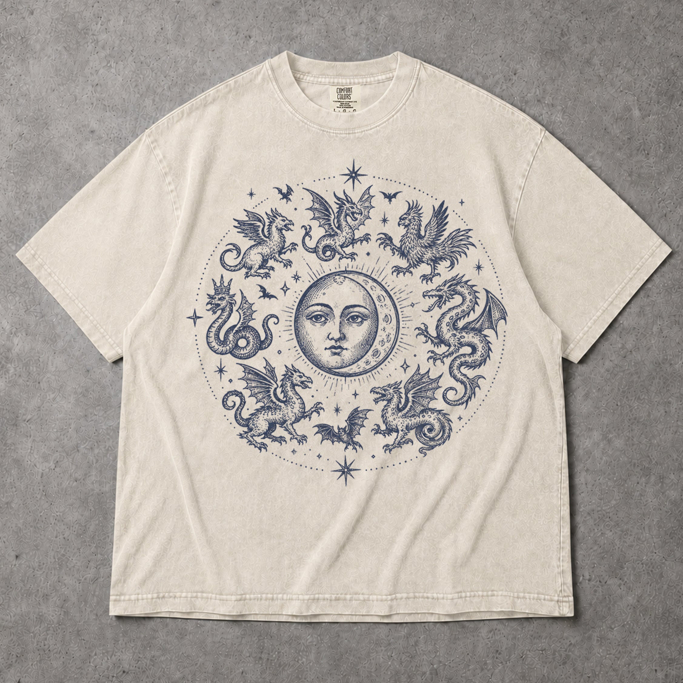 SF_COLOR=ivory; SF_ITEM=adult-t-shirt; SF_ROLE=gallery; Gothic Dragon Circle Moon T-Shirt Medieval Fantasy Occult Creature Apparel - Ivory Adult T-Shirt product image