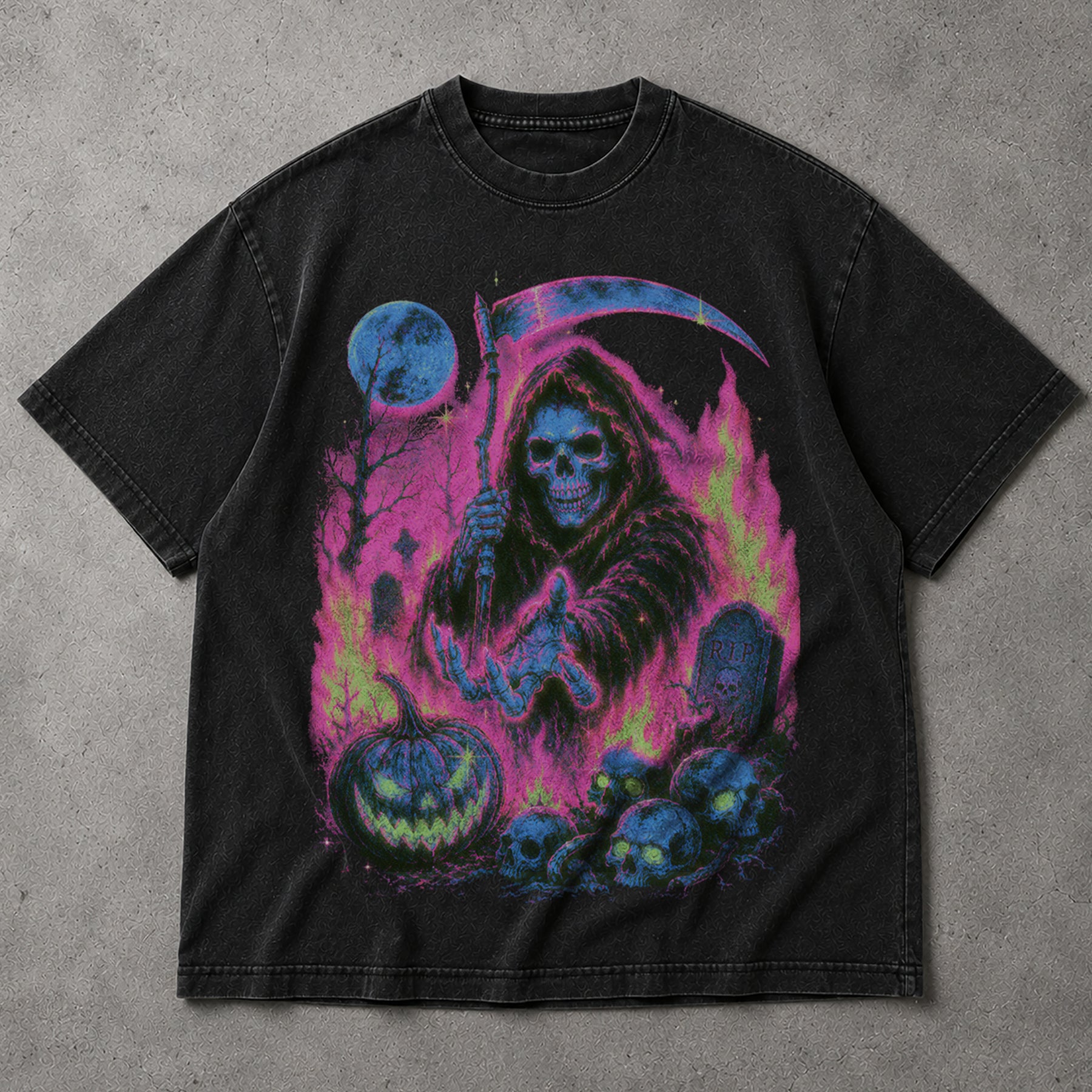 SF_COLOR=black; SF_ITEM=adult-t-shirt; SF_ROLE=main; Grim Reaper Halloween T-Shirt Neon Skeleton Scythe Pumpkin Horror Tee - Black Adult T-Shirt product image