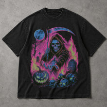 SF_COLOR=black; SF_ITEM=adult-t-shirt; SF_ROLE=main; Grim Reaper Halloween T-Shirt Neon Skeleton Scythe Pumpkin Horror Tee - Black Adult T-Shirt product image