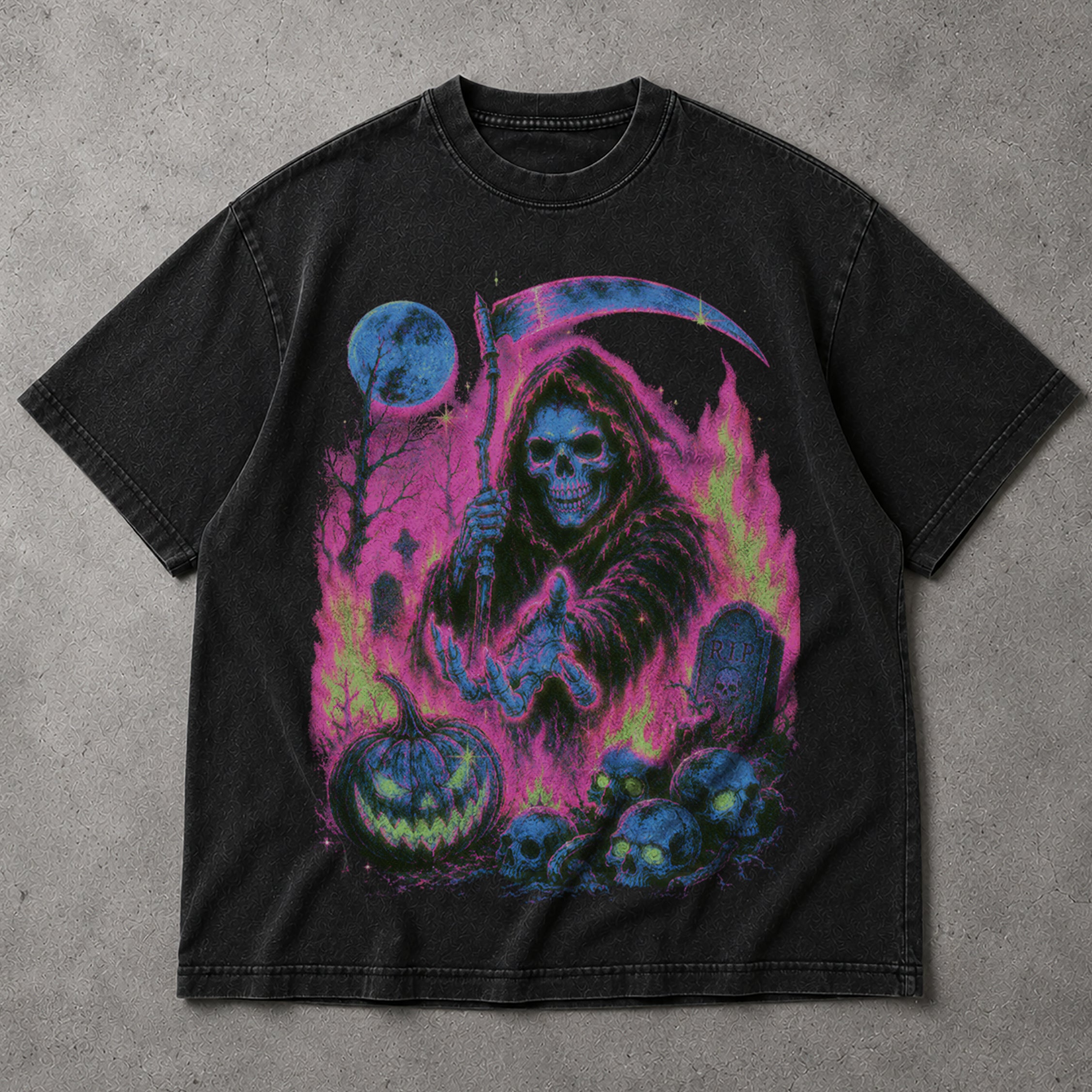 SF_COLOR=black; SF_ITEM=adult-t-shirt; SF_ROLE=main; Grim Reaper Halloween T-Shirt Neon Skeleton Scythe Pumpkin Horror Tee - Black Adult T-Shirt product image