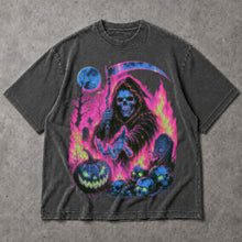 SF_COLOR=dark-heather; SF_ITEM=adult-t-shirt; SF_ROLE=main; Grim Reaper Halloween T-Shirt Neon Skeleton Scythe Pumpkin Horror Tee - Dark Heather Adult T-Shirt product image