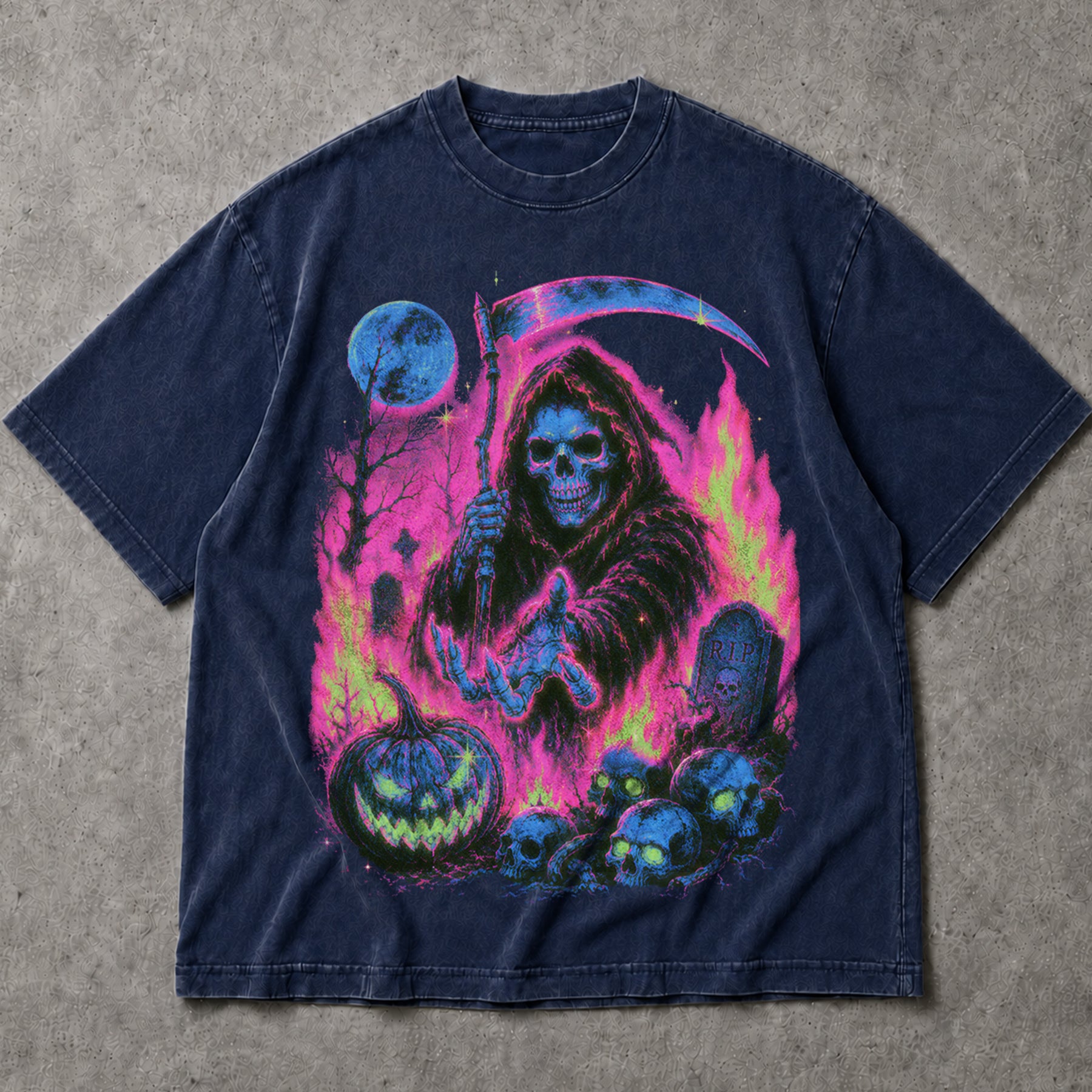 SF_COLOR=navy; SF_ITEM=adult-t-shirt; SF_ROLE=main; Grim Reaper Halloween T-Shirt Neon Skeleton Scythe Pumpkin Horror Tee - Navy Adult T-Shirt product image