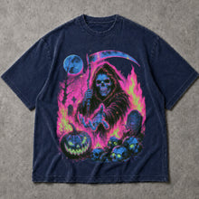 SF_COLOR=navy; SF_ITEM=adult-t-shirt; SF_ROLE=main; Grim Reaper Halloween T-Shirt Neon Skeleton Scythe Pumpkin Horror Tee - Navy Adult T-Shirt product image