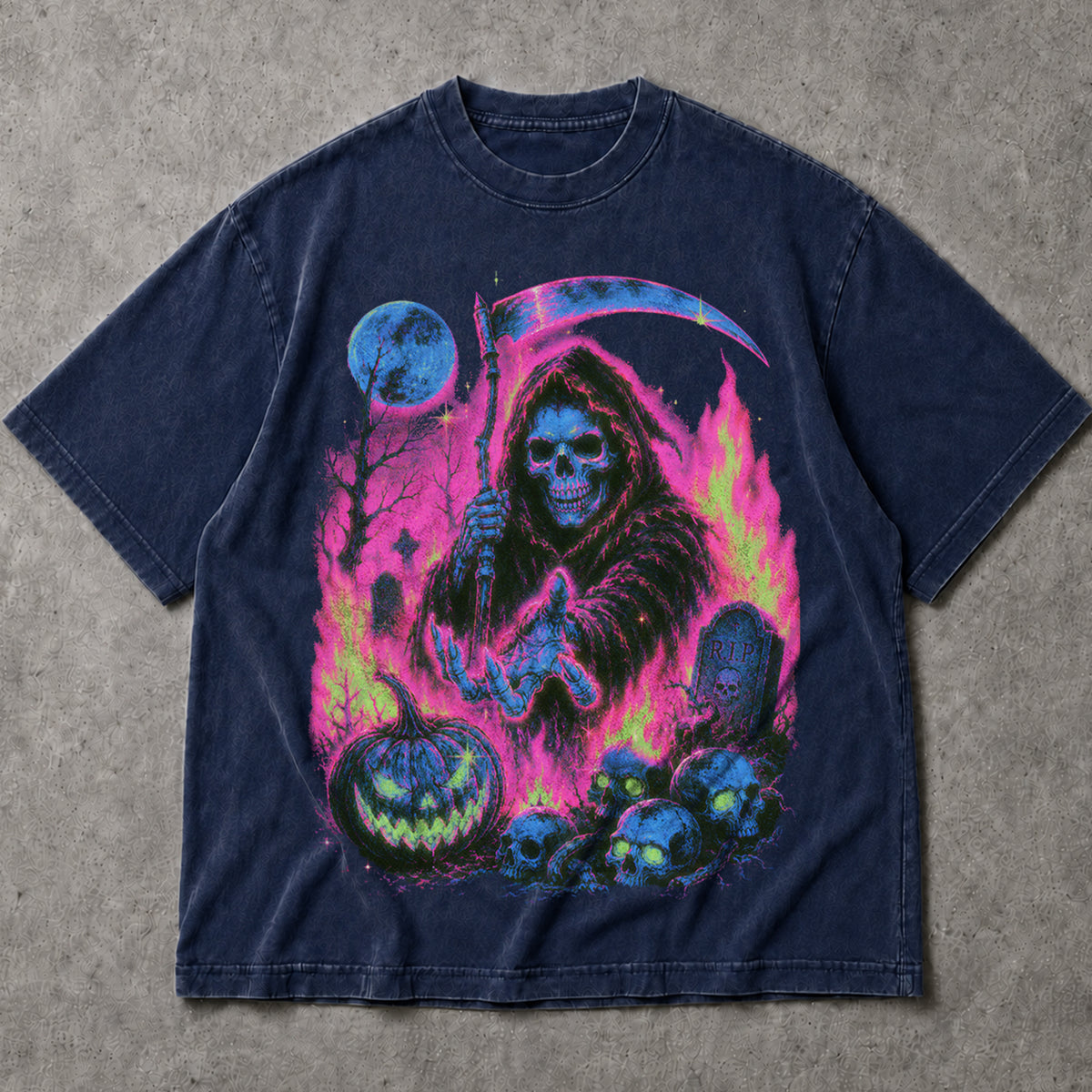 SF_COLOR=navy; SF_ITEM=adult-t-shirt; SF_ROLE=main; Grim Reaper Halloween T-Shirt Neon Skeleton Scythe Pumpkin Horror Tee - Navy Adult T-Shirt product image