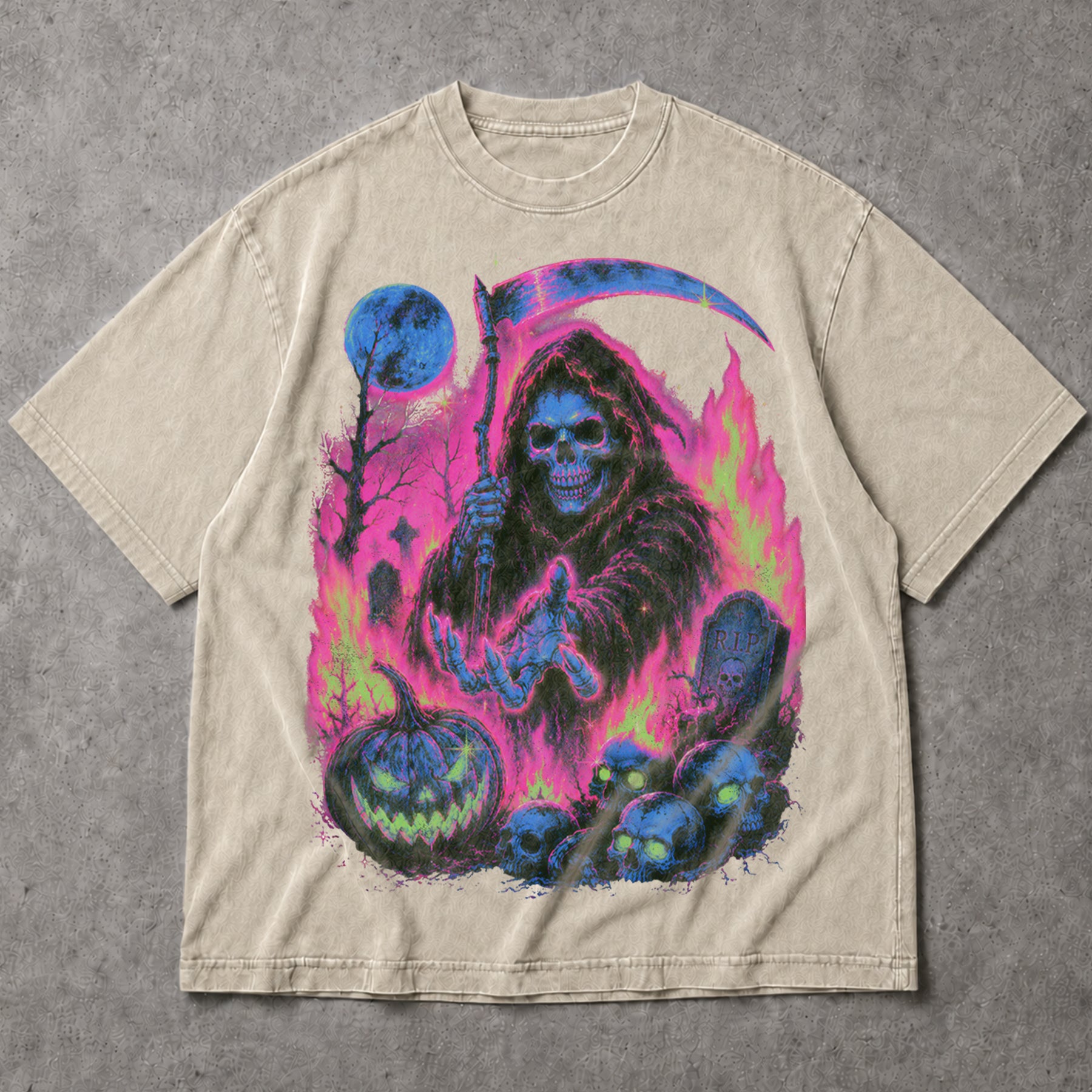SF_COLOR=sand; SF_ITEM=adult-t-shirt; SF_ROLE=main; Grim Reaper Halloween T-Shirt Neon Skeleton Scythe Pumpkin Horror Tee - Sand Adult T-Shirt product image
