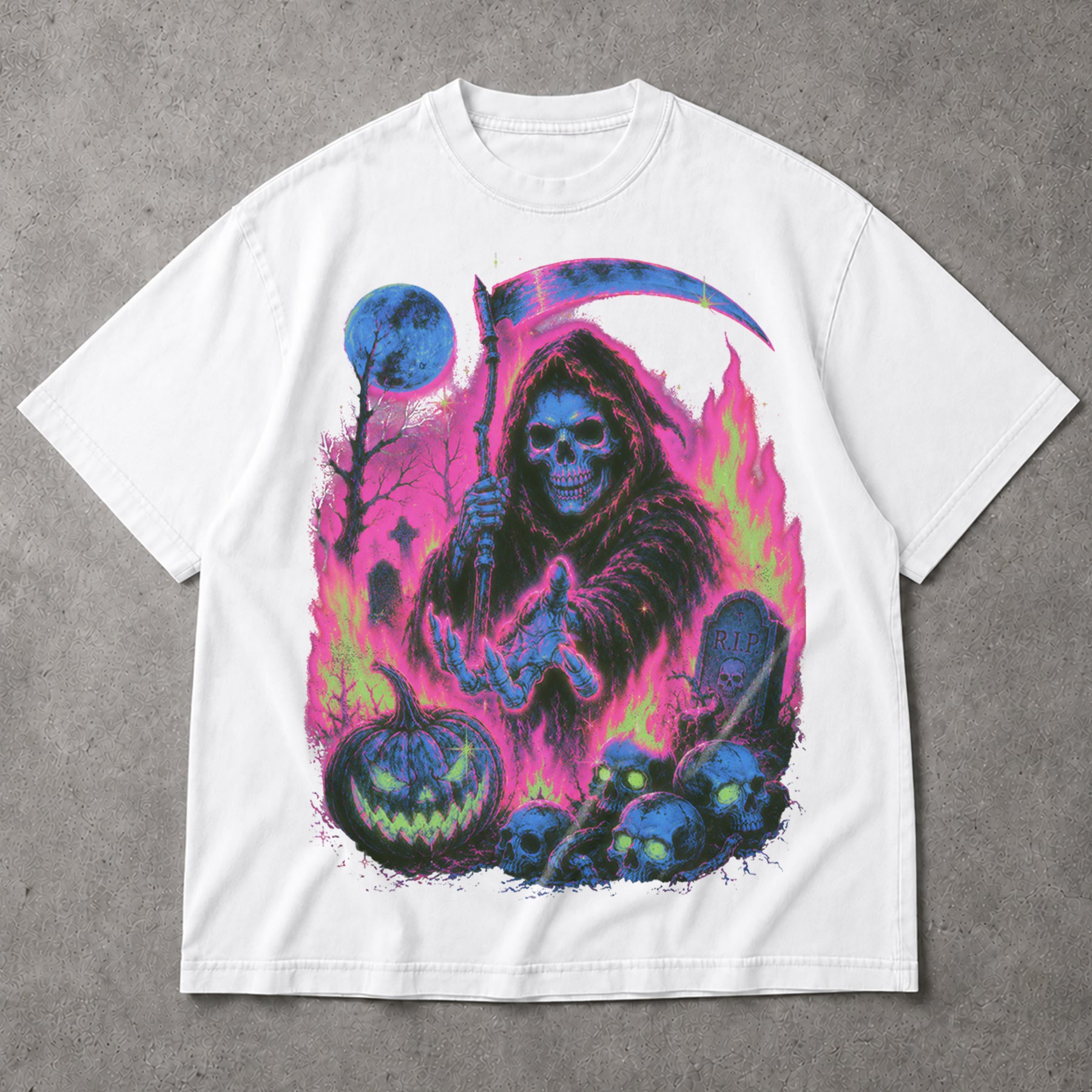 SF_COLOR=white; SF_ITEM=adult-t-shirt; SF_ROLE=main; Grim Reaper Halloween T-Shirt Neon Skeleton Scythe Pumpkin Horror Tee - White Adult T-Shirt product image