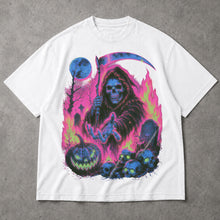 SF_COLOR=white; SF_ITEM=adult-t-shirt; SF_ROLE=main; Grim Reaper Halloween T-Shirt Neon Skeleton Scythe Pumpkin Horror Tee - White Adult T-Shirt product image